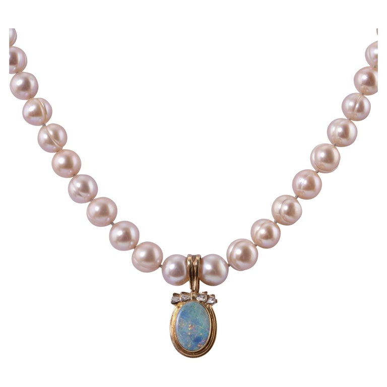Opal Enhancer Pendant on Pearl Necklace For Sale at 1stDibs