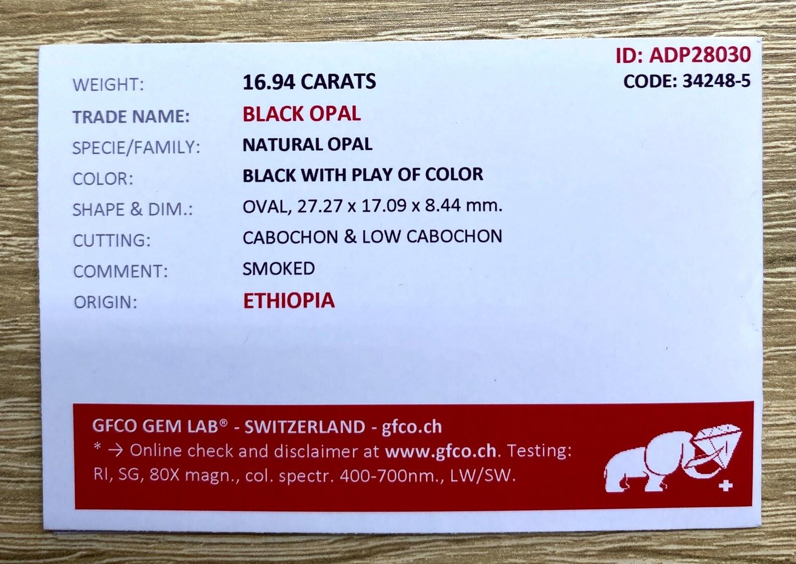 Opal Ethiopian 16.94Ct natural gemstone, Oval cabochon, , Certificate GFCO In New Condition For Sale In Daugavpils, LV