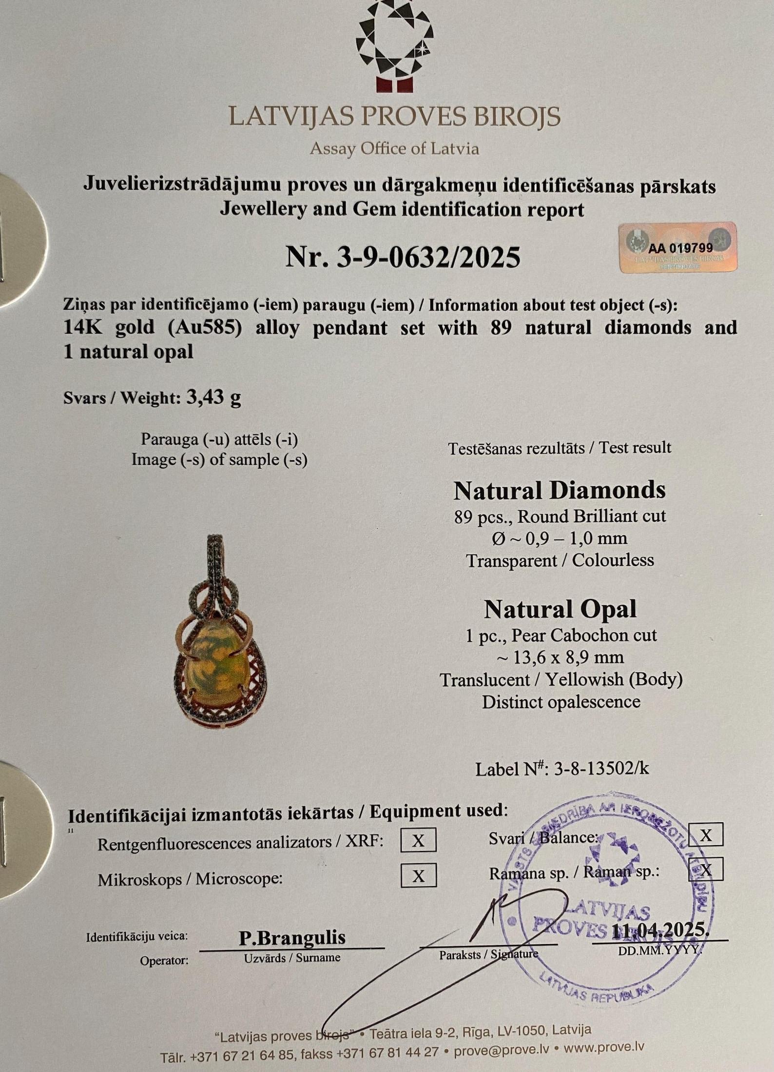 Colgante de gemas de ópalo etíope y diamantes, oro rosa macizo de 14 quilates, certificado en venta 6