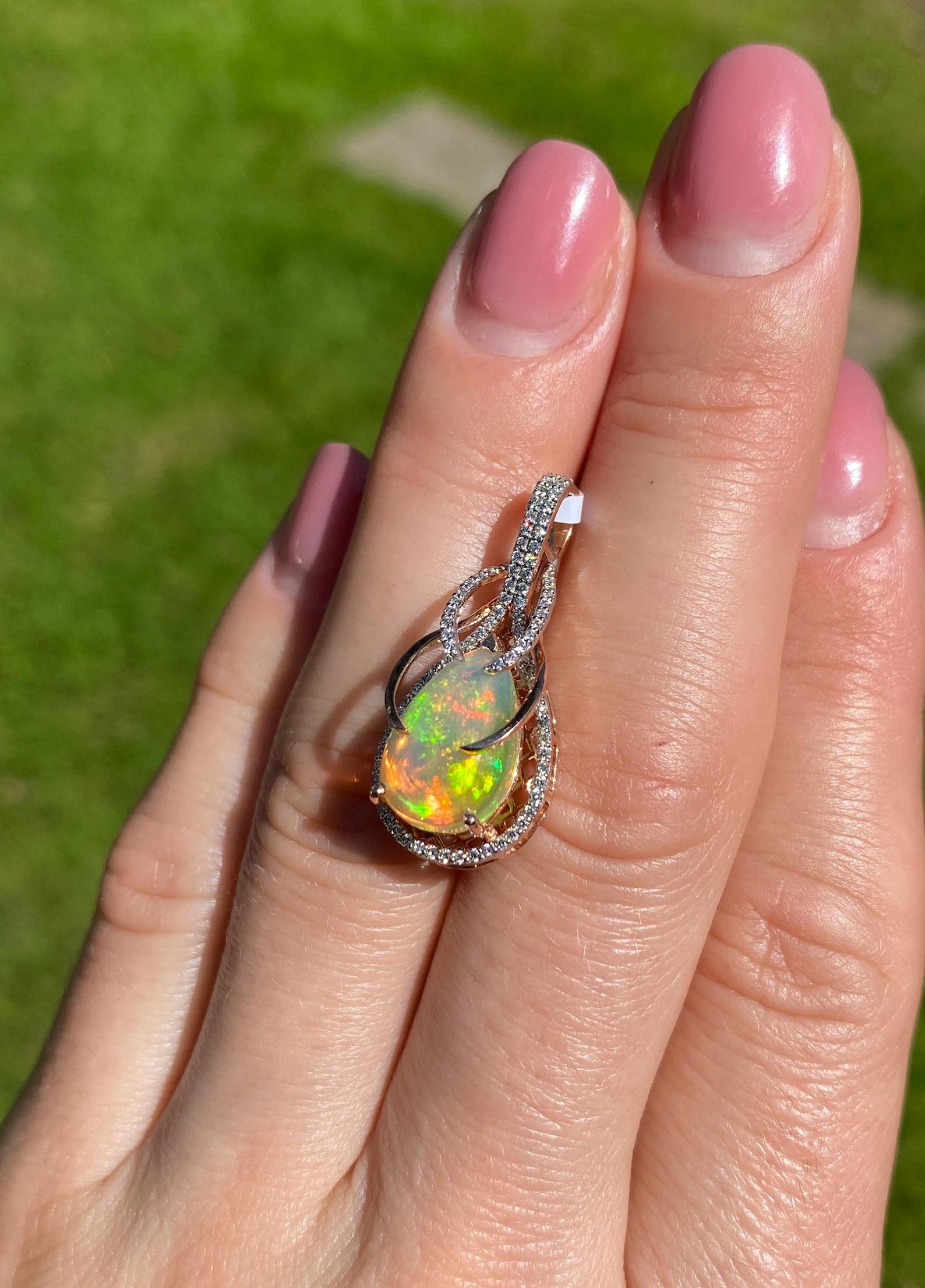 Colgante de gemas de ópalo etíope y diamantes, oro rosa macizo de 14 quilates, certificado en venta 1