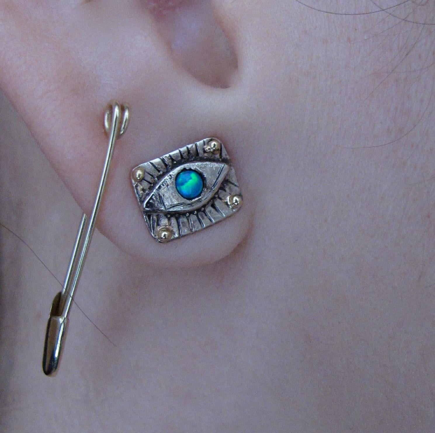 Artisan Opal Evil Eye Stud in 18k White Gold with 22k Granulation Beads For Sale