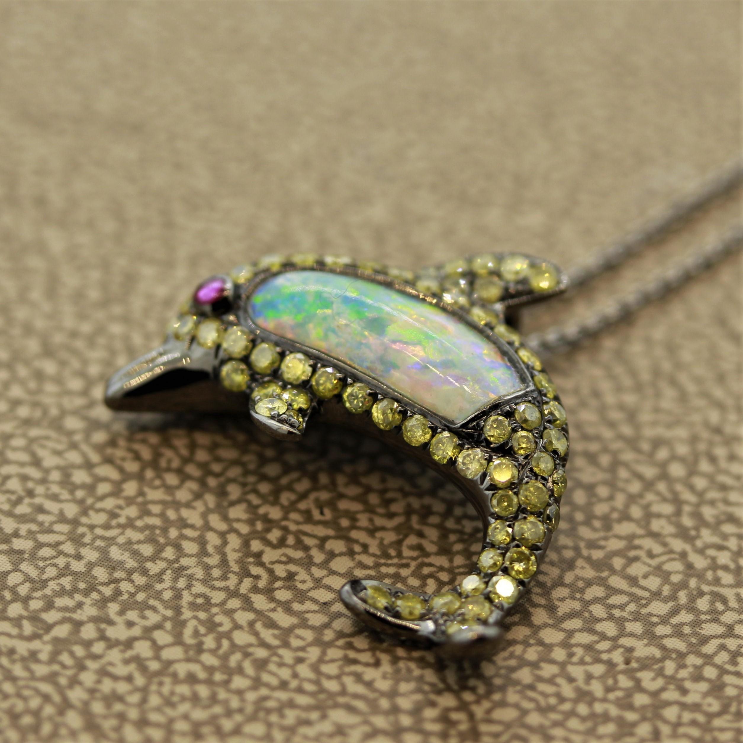Cabochon Opal Fancy Colored Diamond Ruby Gold Dolphin Pendant For Sale