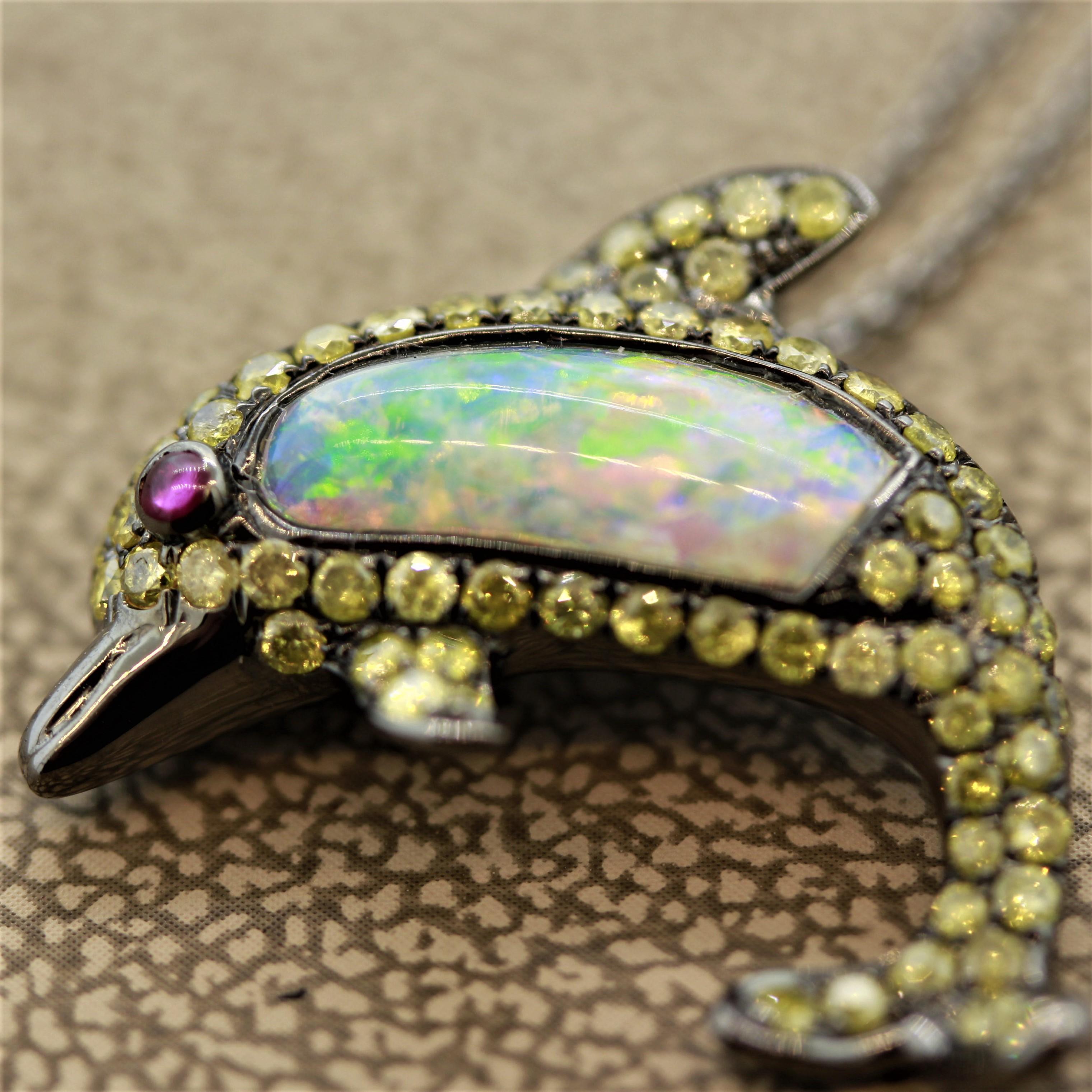 Opal Fancy Colored Diamond Ruby Gold Dolphin Pendant In New Condition For Sale In Beverly Hills, CA