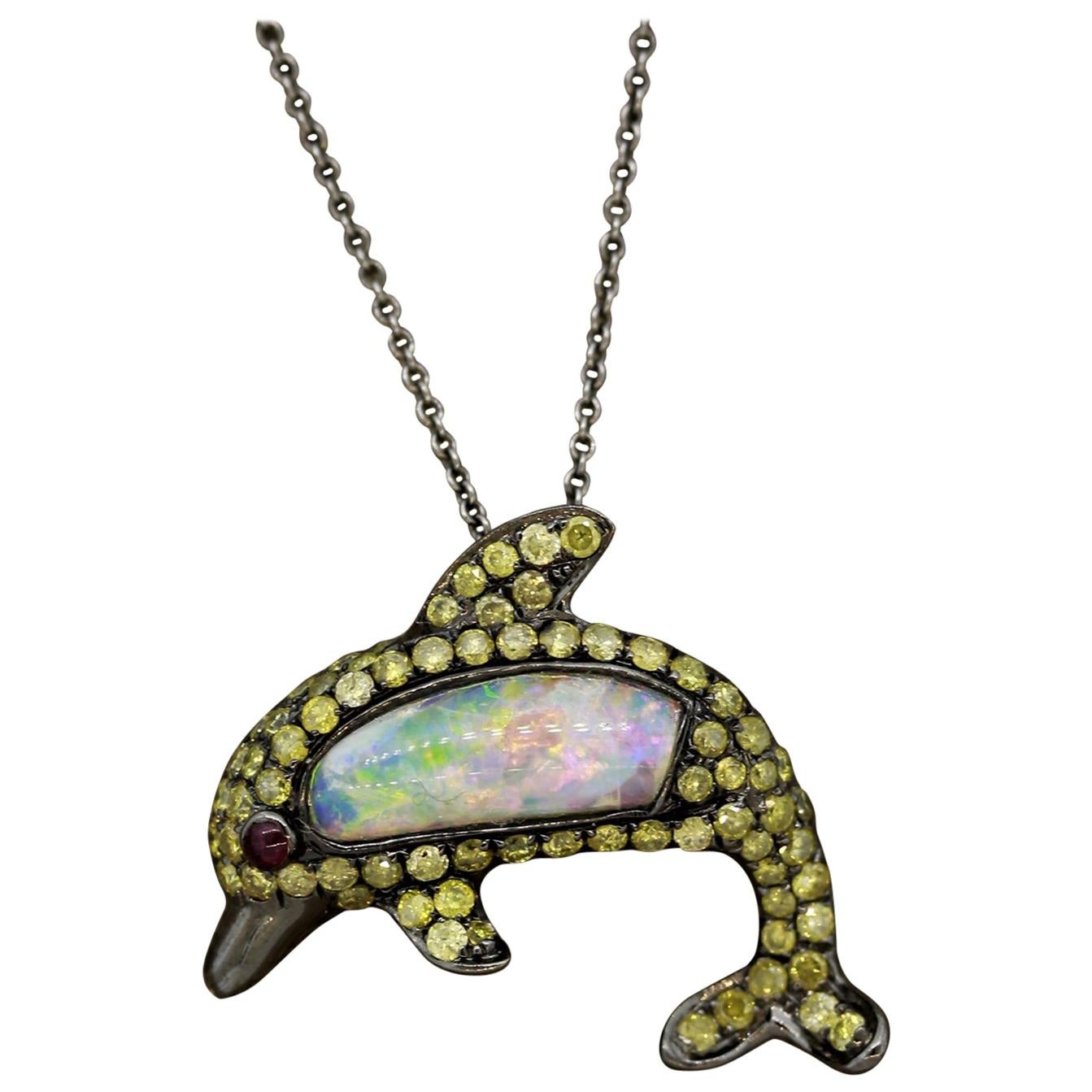 Opal Fancy Colored Diamond Ruby Gold Dolphin Pendant For Sale