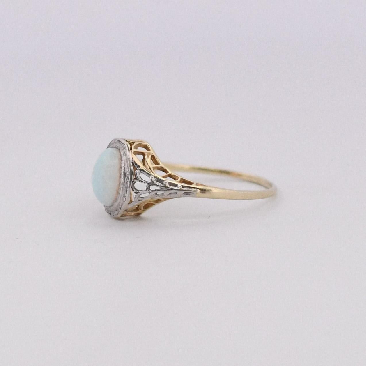 Oval Cut Opal Filigree Ring 14K Yellow Gold With Platinum Top For Sale