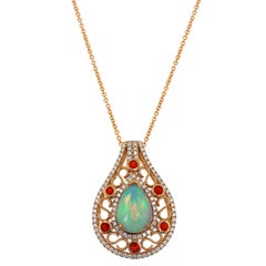 Opal, Fire Opal, Diamond and Rose Gold Pendant Necklace
