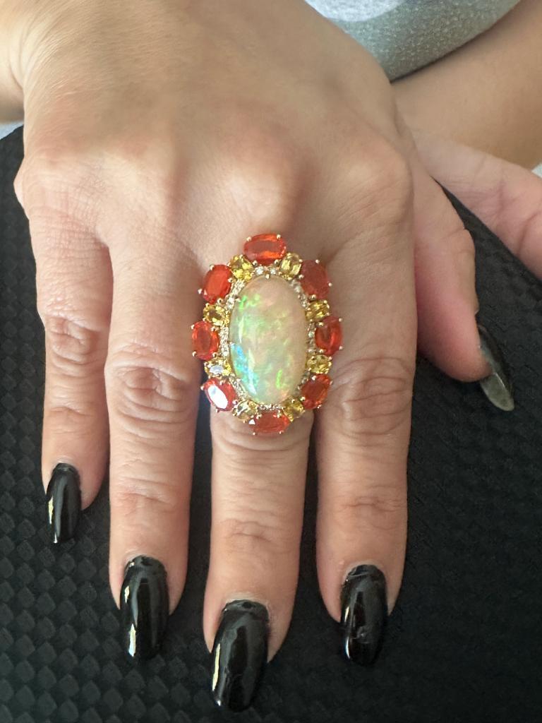 Oval Opal Mexican Fire Opal Sapphire Diamond Round Yellow Gold Fashion Halo Ring For Sale 7