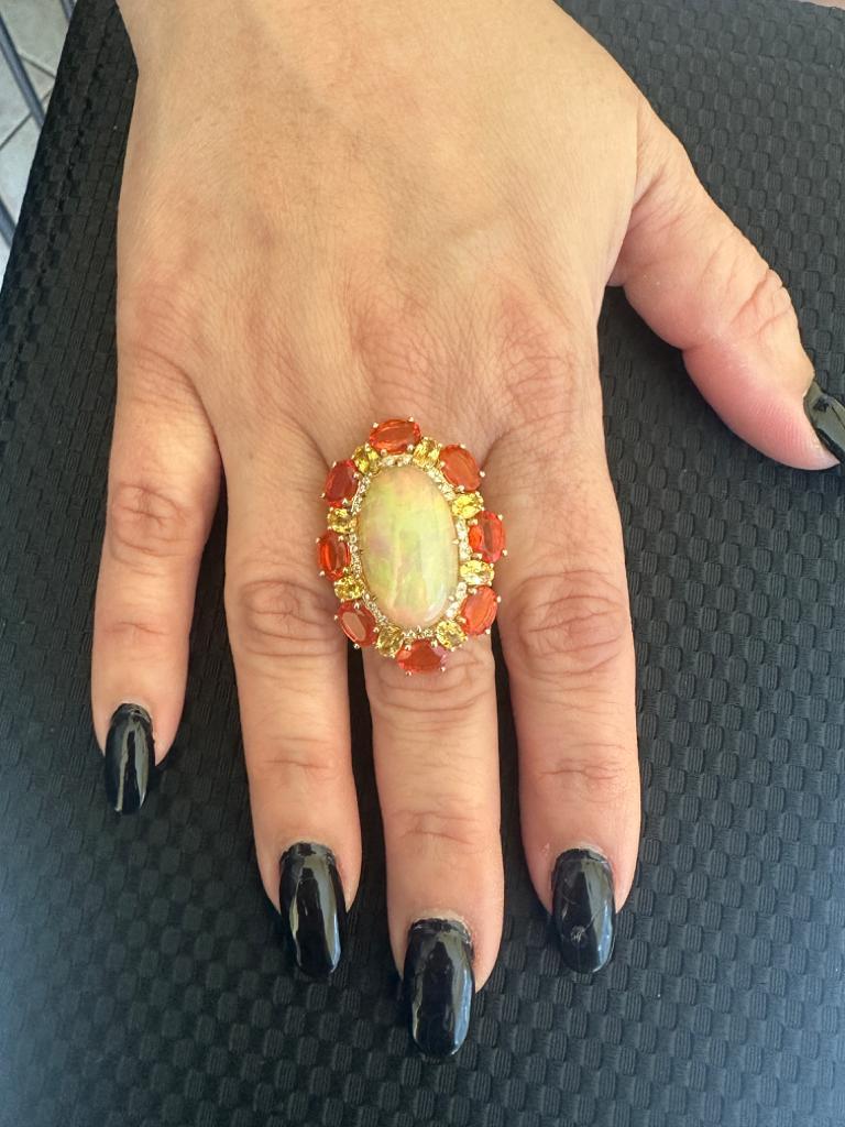 Oval Opal Mexican Fire Opal Sapphire Diamond Round Yellow Gold Fashion Halo Ring For Sale 8