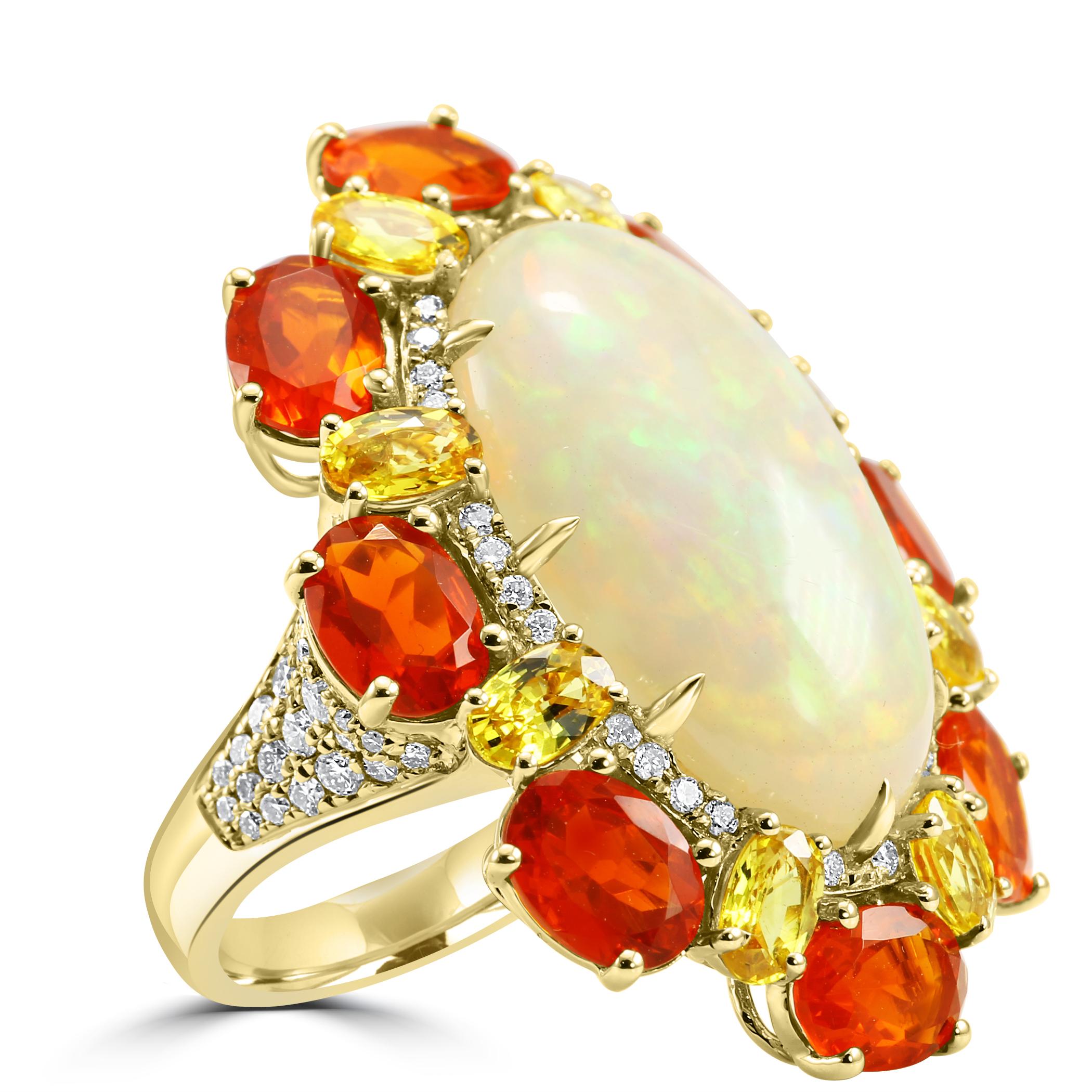 At the heart of this stunning ring lies a splendid Opal, carefully selected for its substantial size and captivating play of colors. With a weight of 9.47 carats, this opal displays a mesmerizing spectrum of hues, showcasing the ethereal dance of