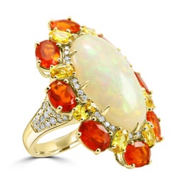 Oval Opal Mexican Fire Opal Sapphire Diamond Round 18 Karat Gold Halo Ring