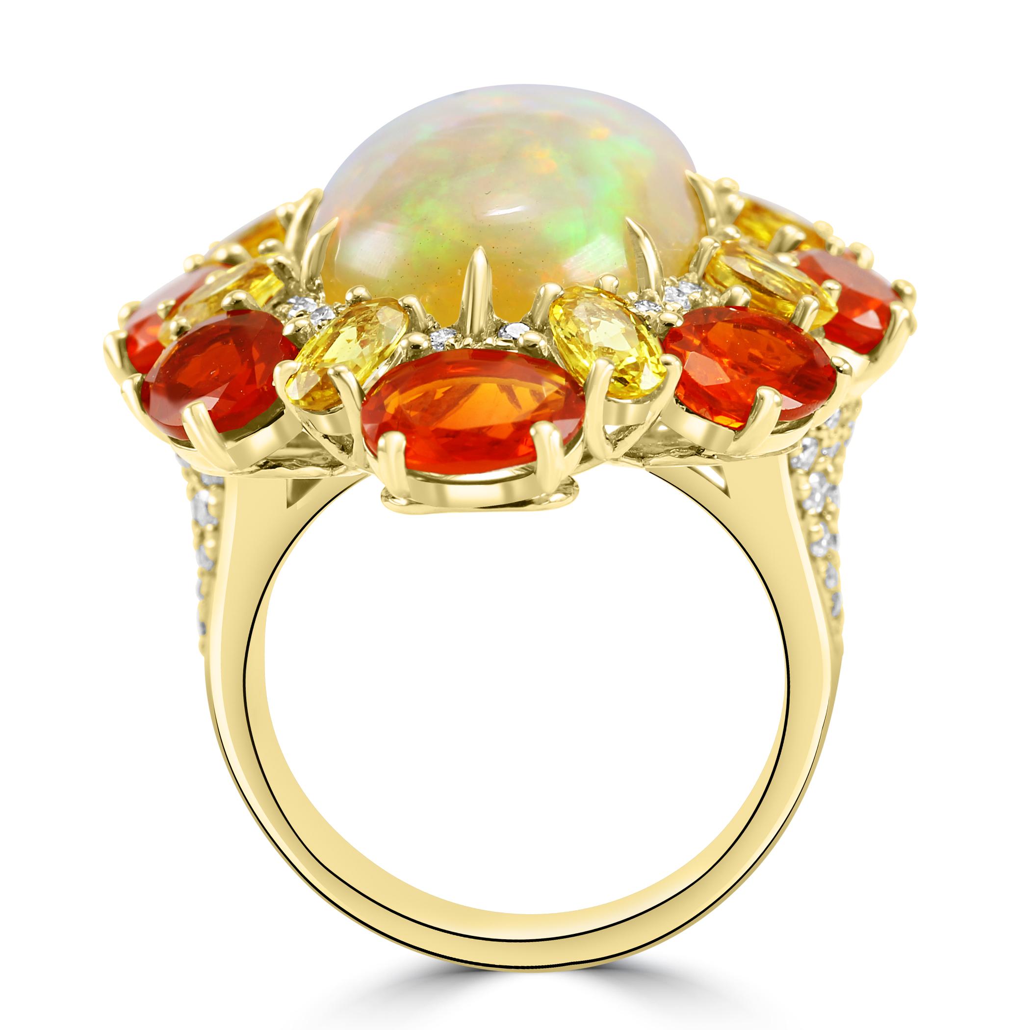 Modern Oval Opal Mexican Fire Opal Sapphire Diamond Round Yellow Gold Fashion Halo Ring For Sale