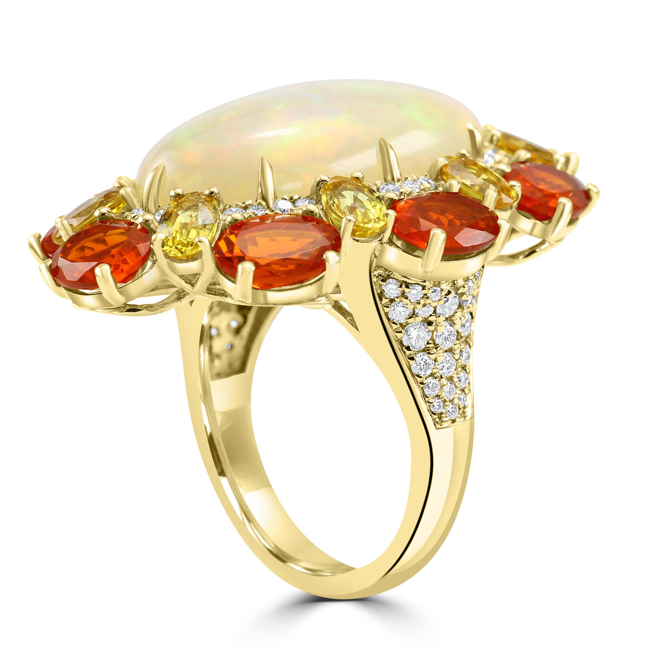 Oval Cut Oval Opal Mexican Fire Opal Sapphire Diamond Round Yellow Gold Fashion Halo Ring For Sale