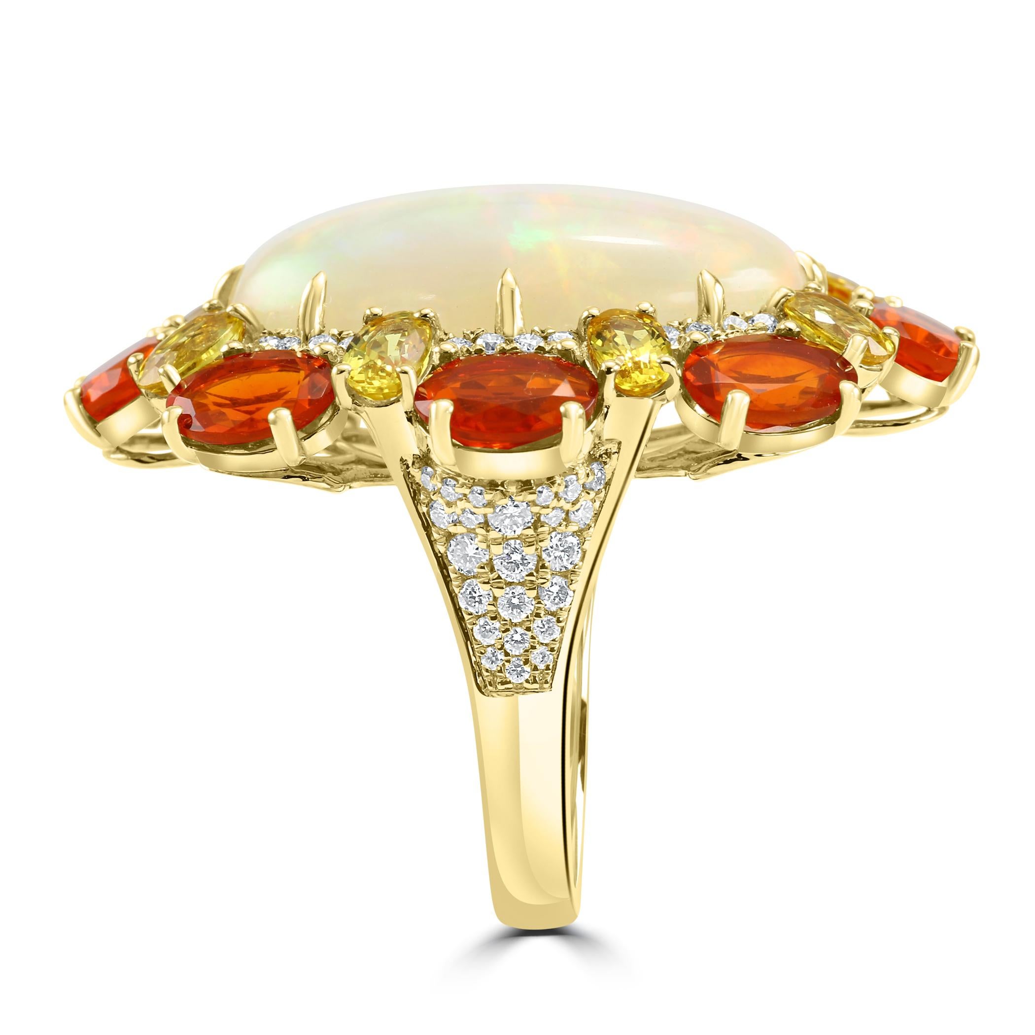 Oval Opal Mexican Fire Opal Sapphire Diamond Round Yellow Gold Fashion Halo Ring In New Condition For Sale In Sayreville, NJ