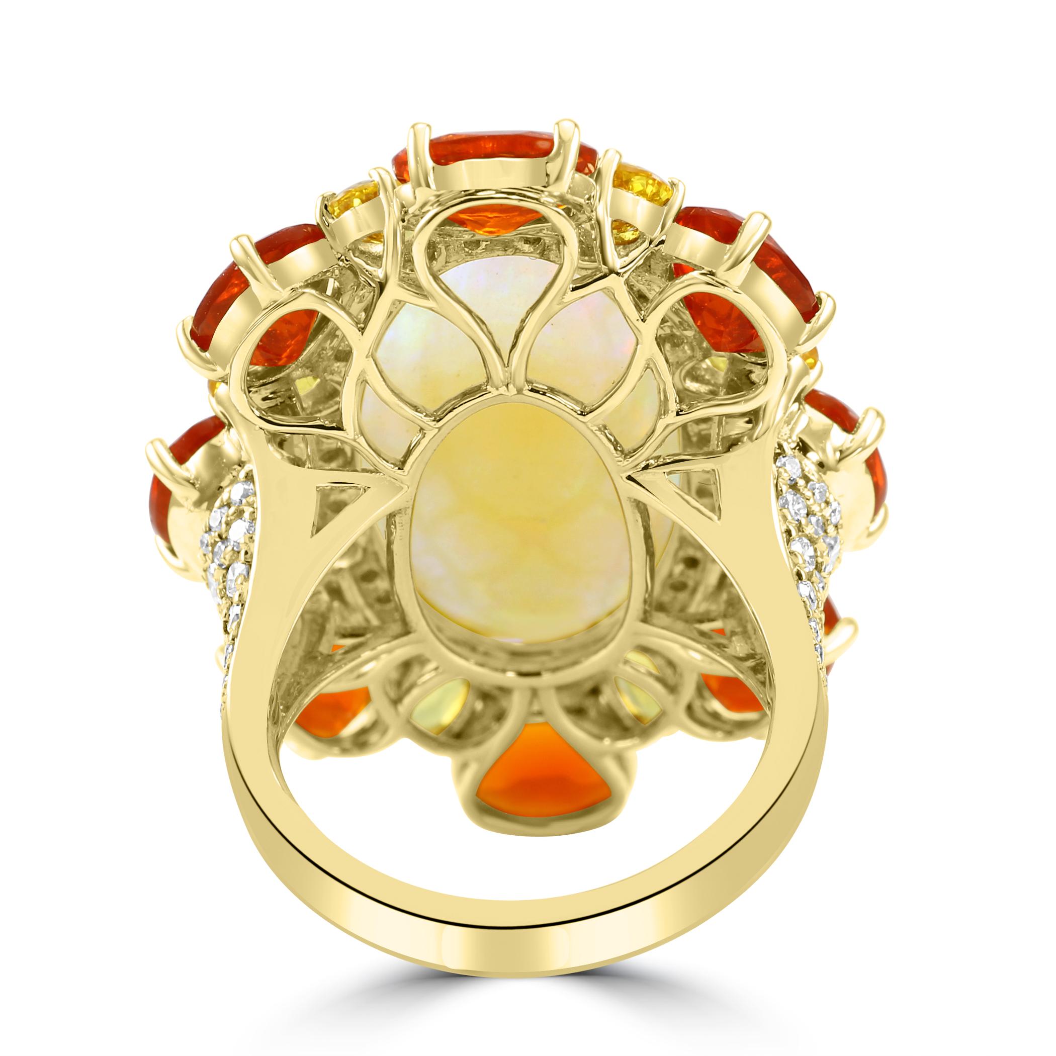 Women's or Men's Oval Opal Mexican Fire Opal Sapphire Diamond Round Yellow Gold Fashion Halo Ring For Sale