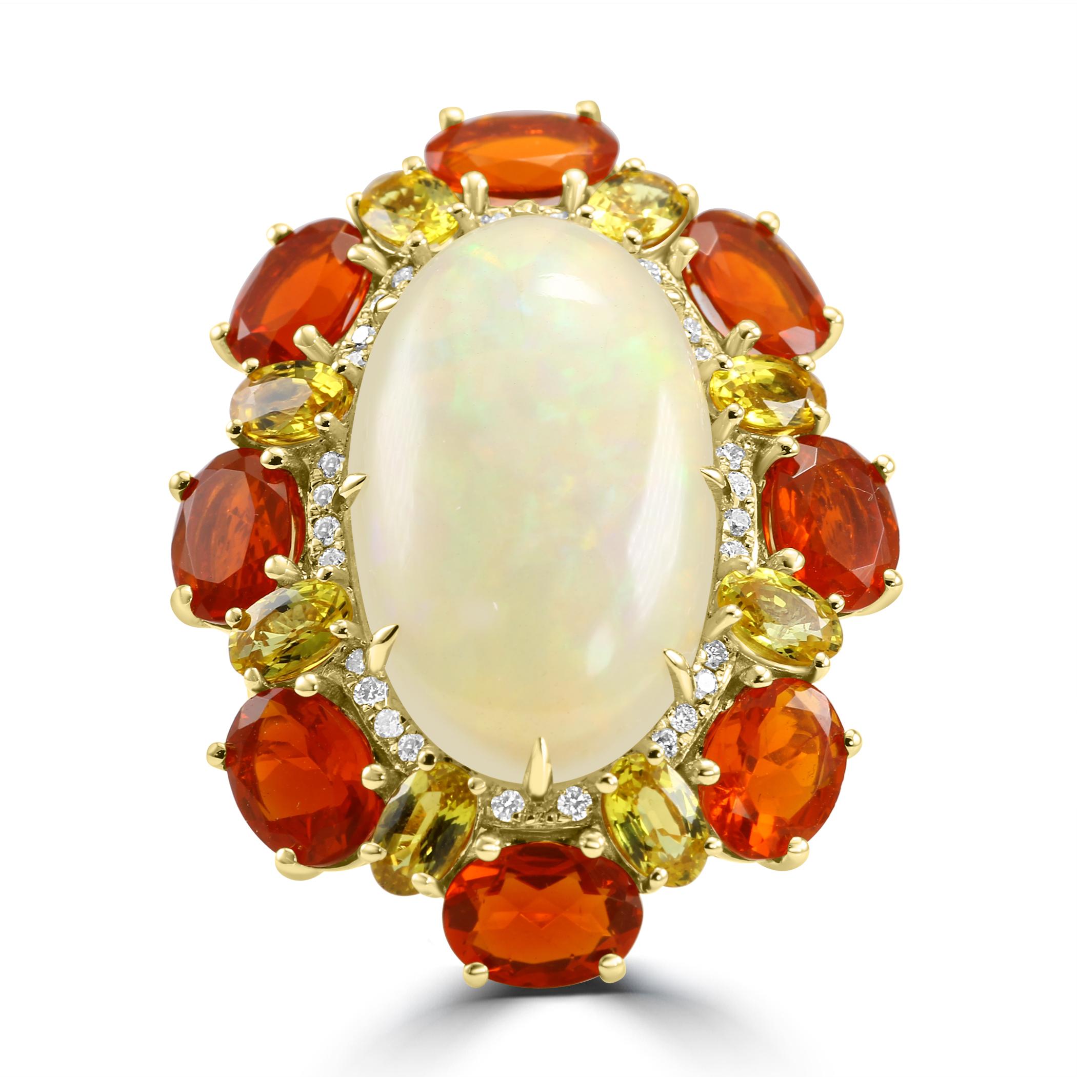 Oval Opal Mexican Fire Opal Sapphire Diamond Round Yellow Gold Fashion Halo Ring For Sale 1