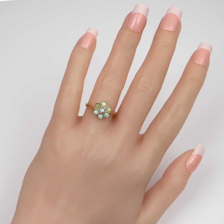 Opal Flower Cluster Ring British Hallmarked 9 Carat Yellow Gold, US at