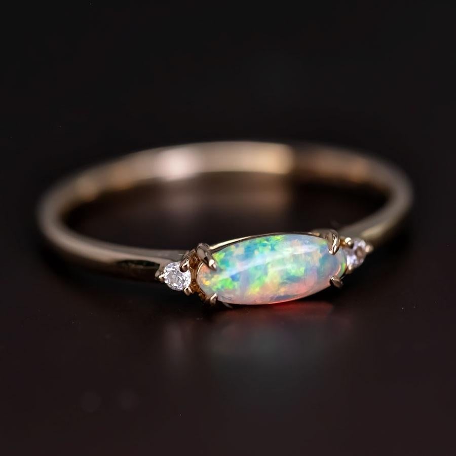 Oval Cut Opal Fossil Shell Diamond Engagement Ring 14K Yellow Gold For Sale
