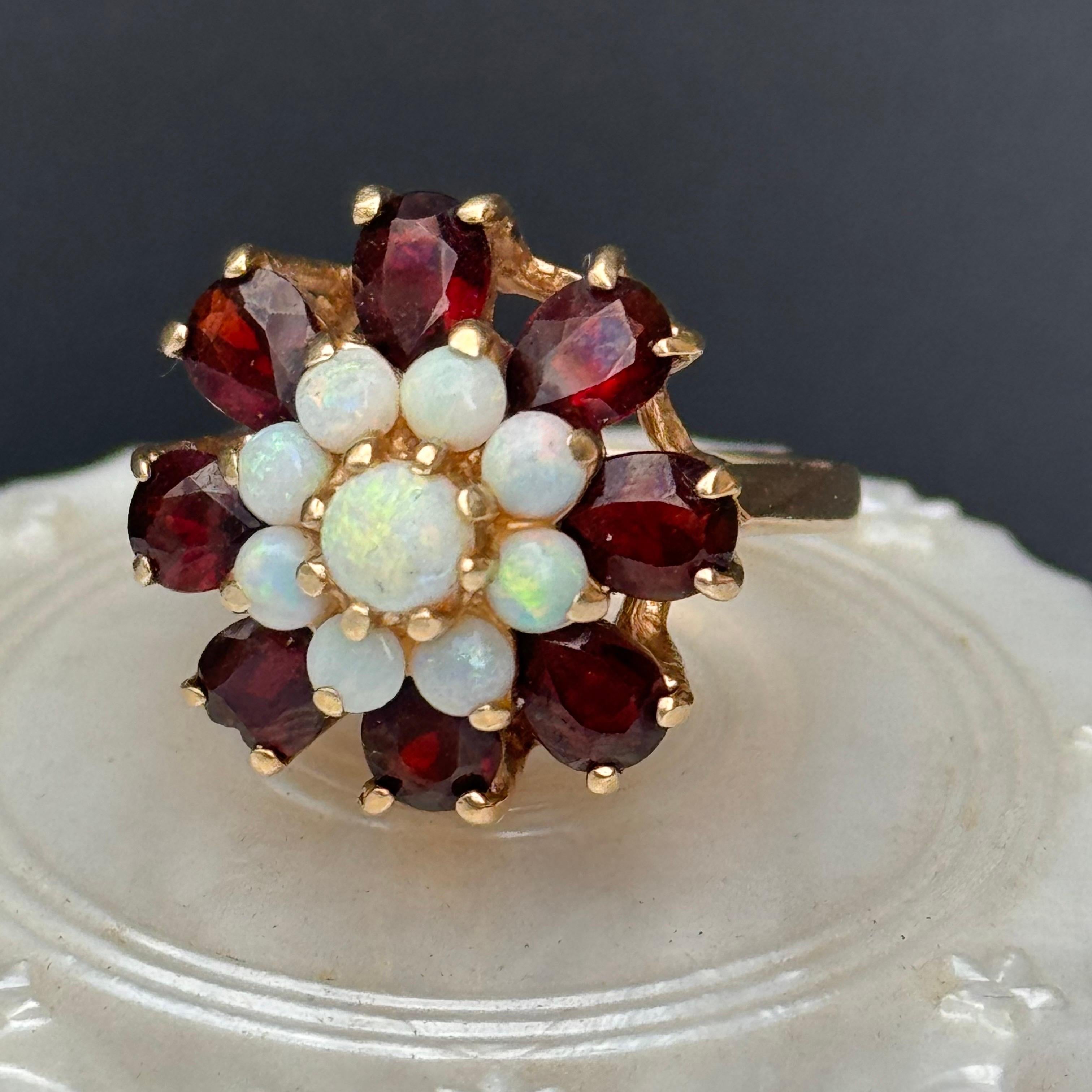 Round Cut  Opal Garnet Cluster 14kt Gold Cocktail Ring For Sale