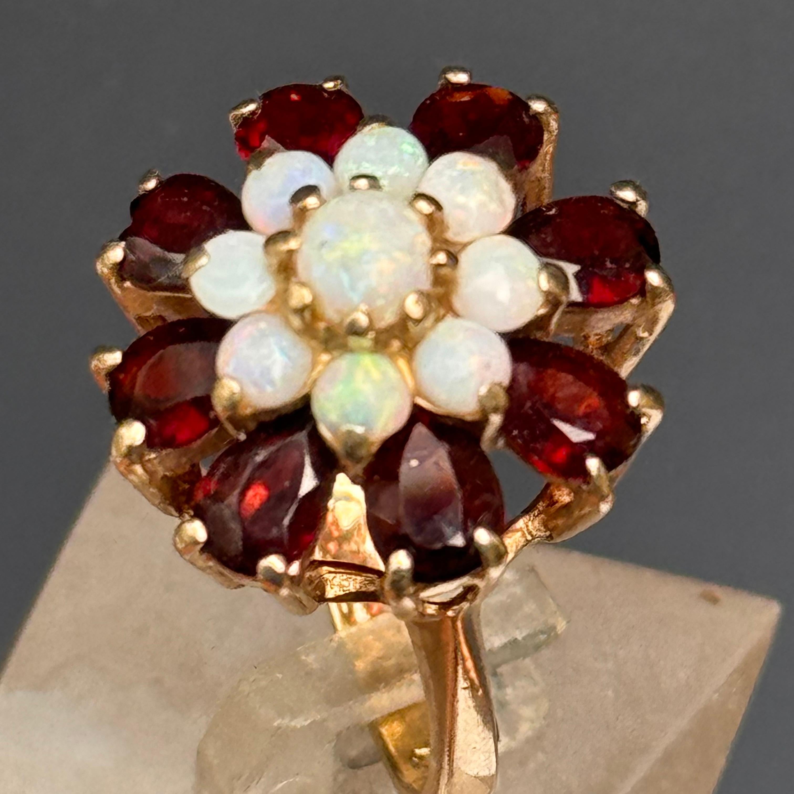 Women's  Opal Garnet Cluster 14kt Gold Cocktail Ring For Sale