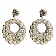 Opal Gemstone Pave Diamond Dangle Hoop Earring 925 Silver