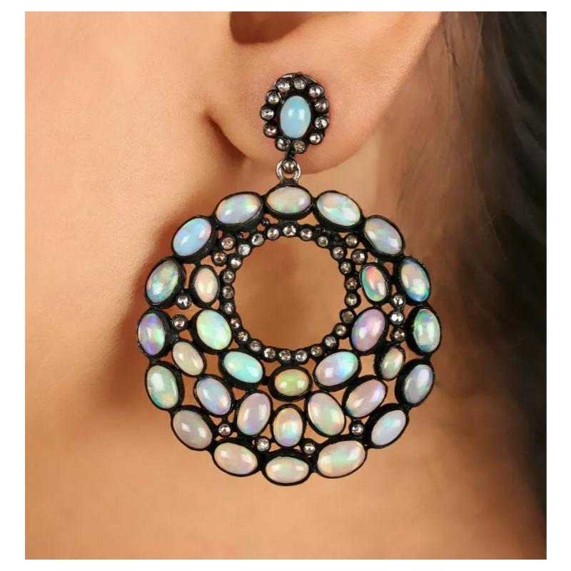 Oval Cut Opal Gemstone Pave Diamond Dangle Hoop Earring 925 Silver For Sale