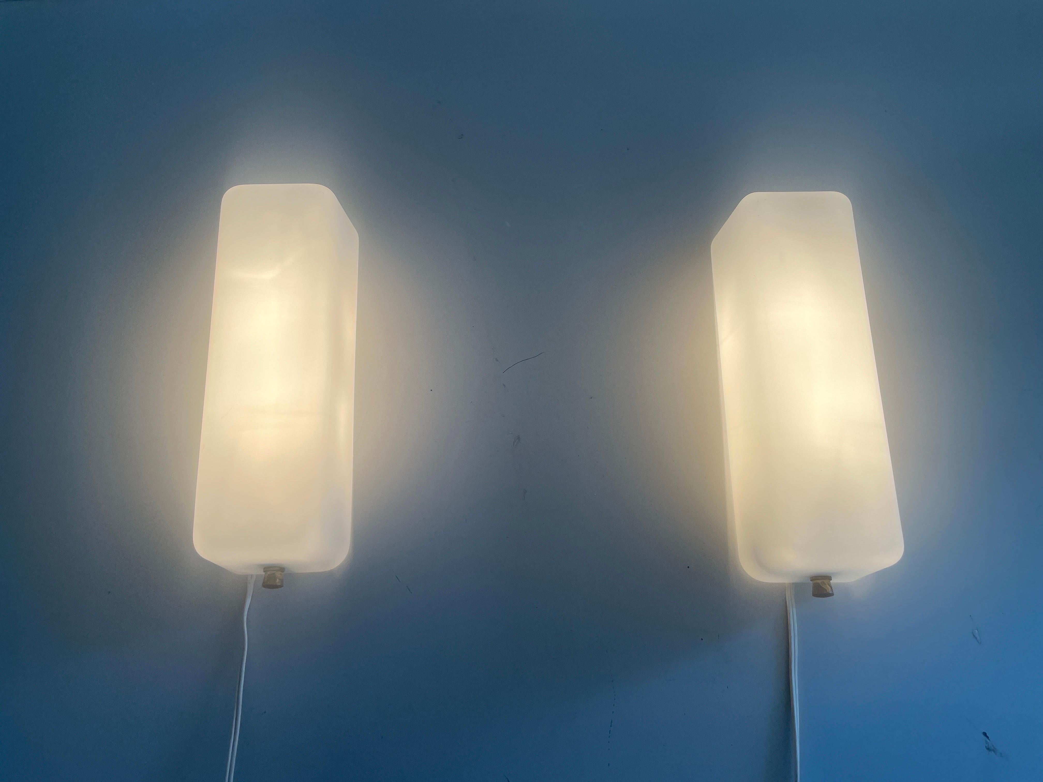Opal Glass and Brass Base Pair of Wall Sconces by Stilux, 1960s, Italy For Sale 3