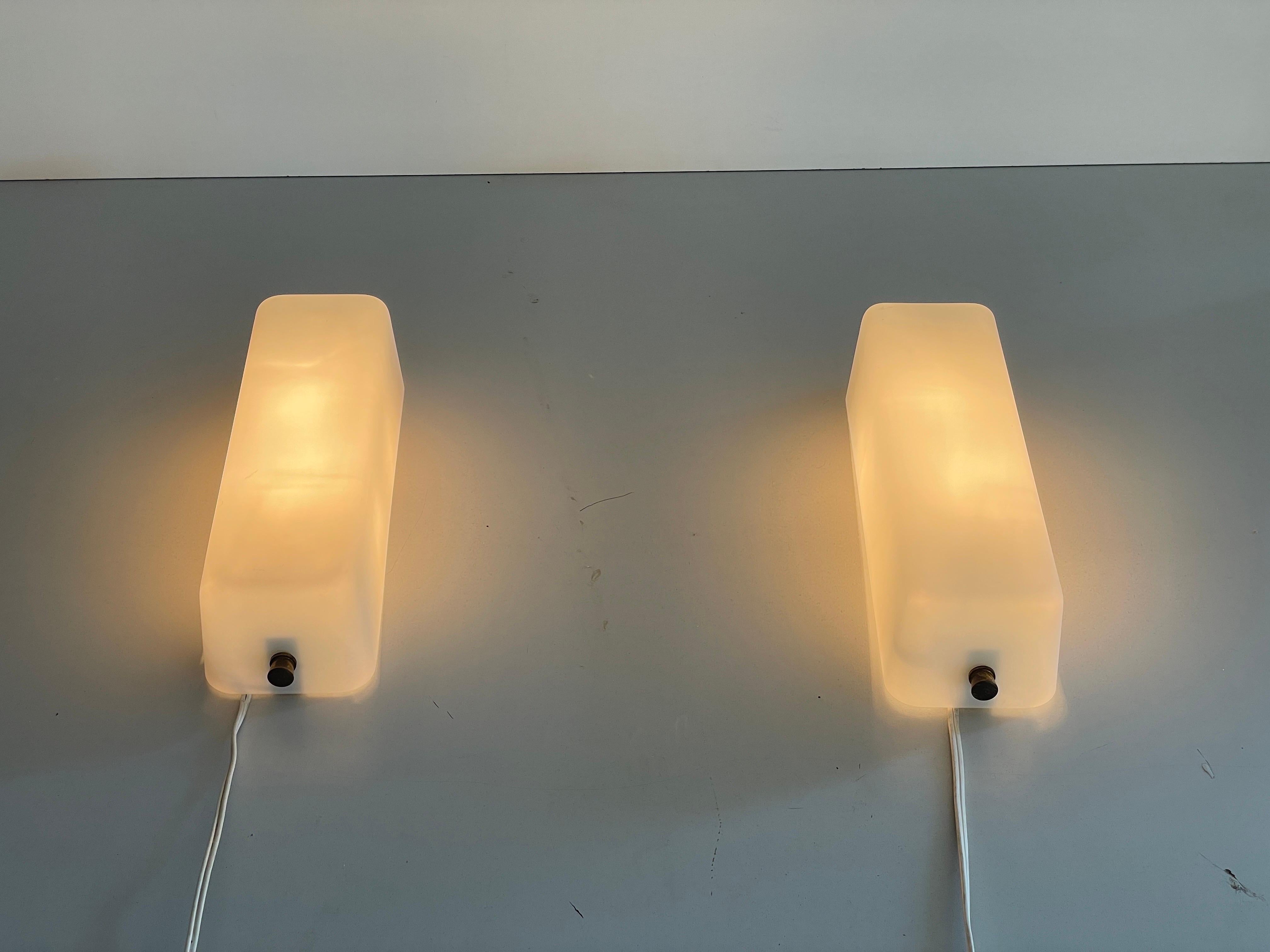 Opal Glass and Brass Base Pair of Wall Sconces by Stilux, 1960s, Italy For Sale 4