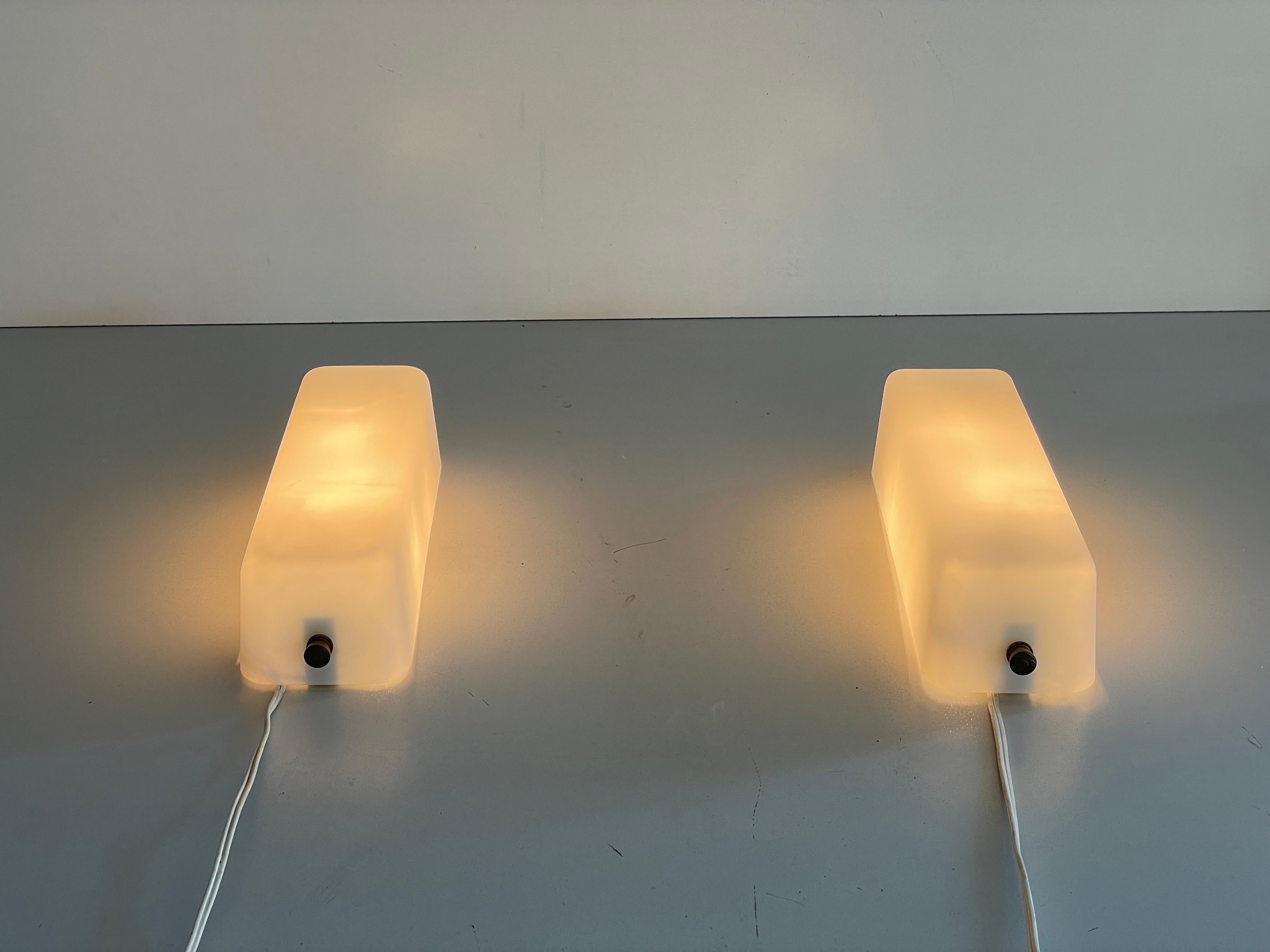 Opal Glass and Brass Base Pair of Wall Sconces by Stilux, 1960s, Italy For Sale 5