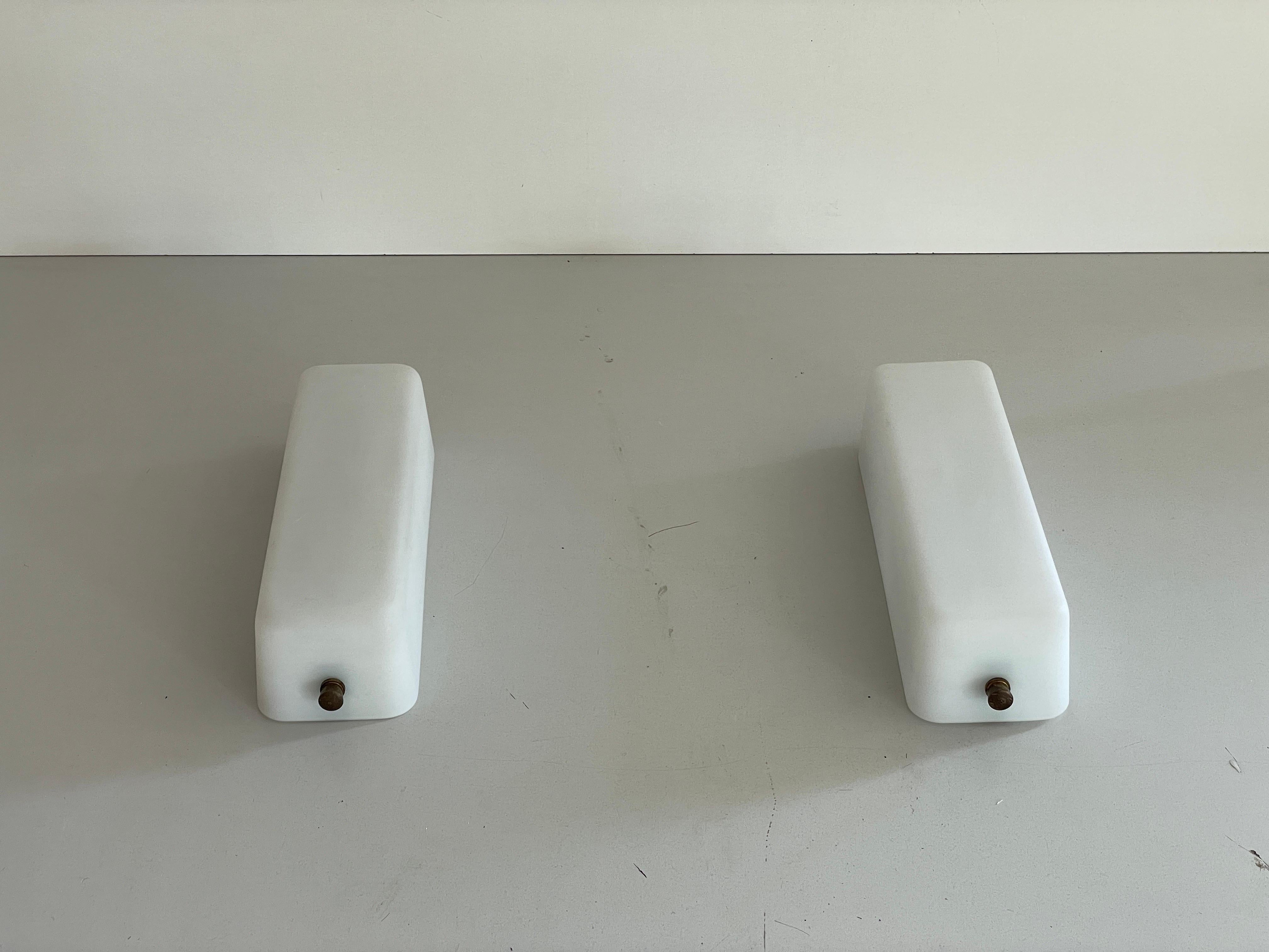Mid-Century Modern Opal Glass and Brass Base Pair of Wall Sconces by Stilux, 1960s, Italy For Sale
