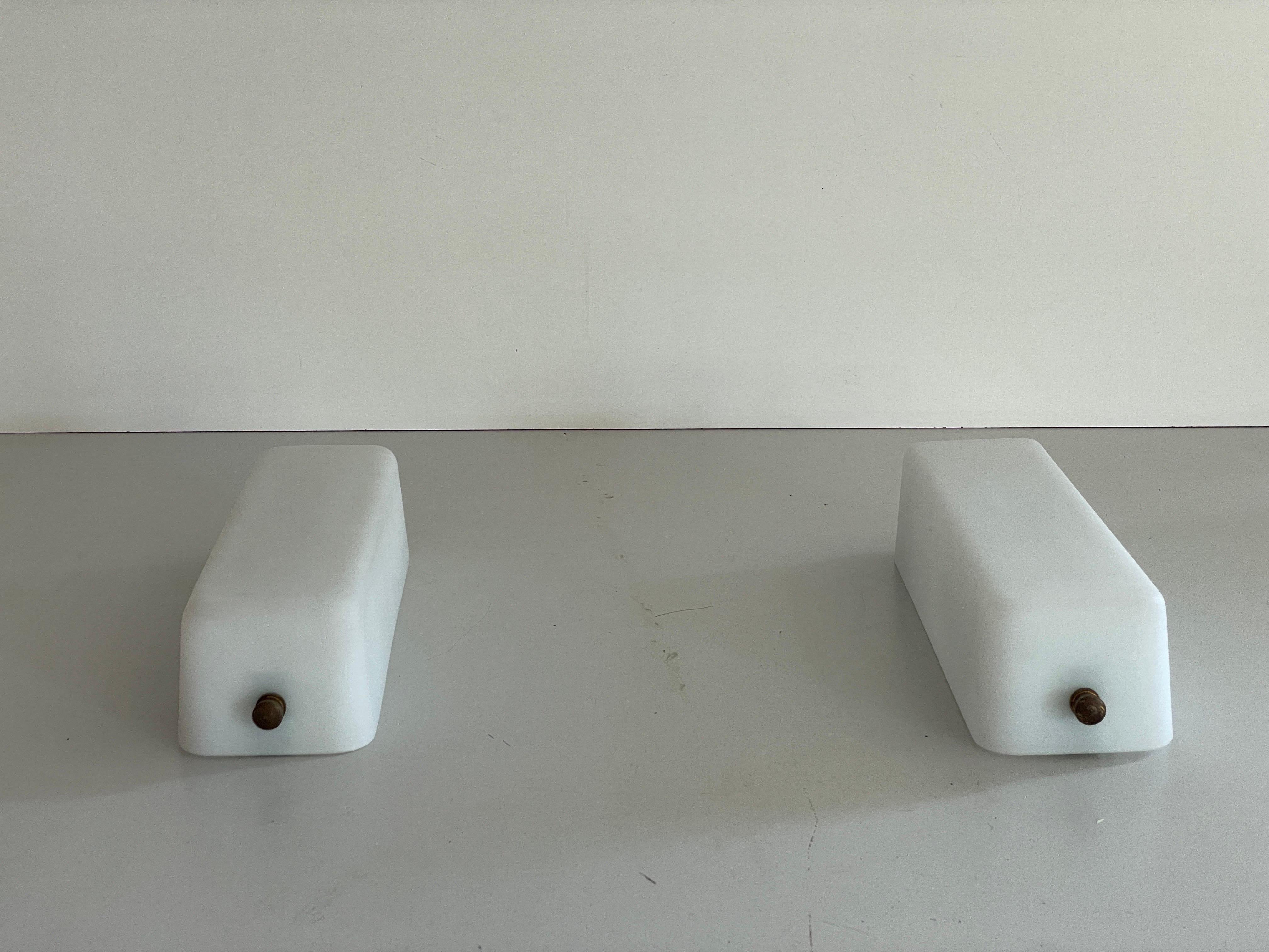 Italian Opal Glass and Brass Base Pair of Wall Sconces by Stilux, 1960s, Italy For Sale