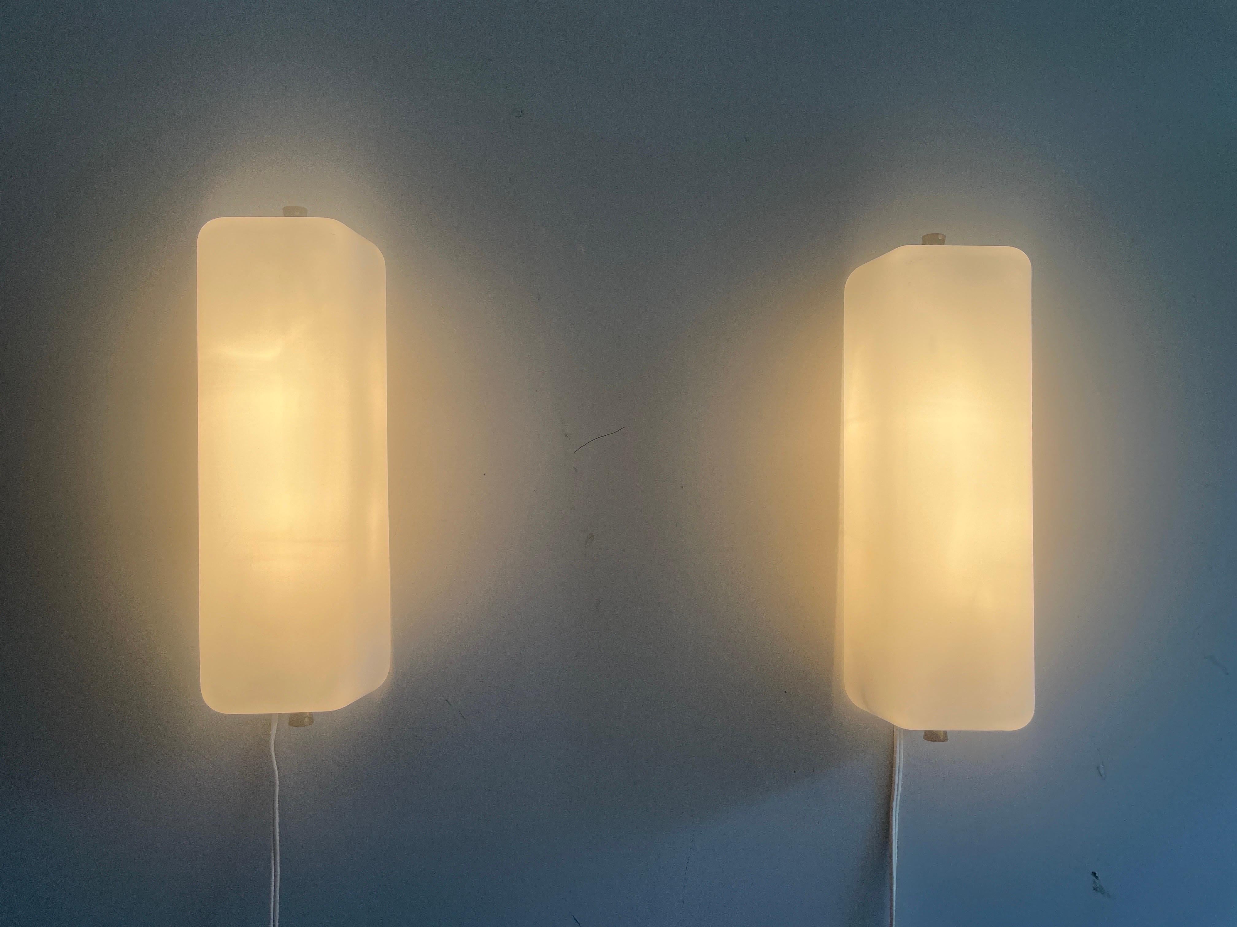 Opal Glass and Brass Base Pair of Wall Sconces by Stilux, 1960s, Italy For Sale 2