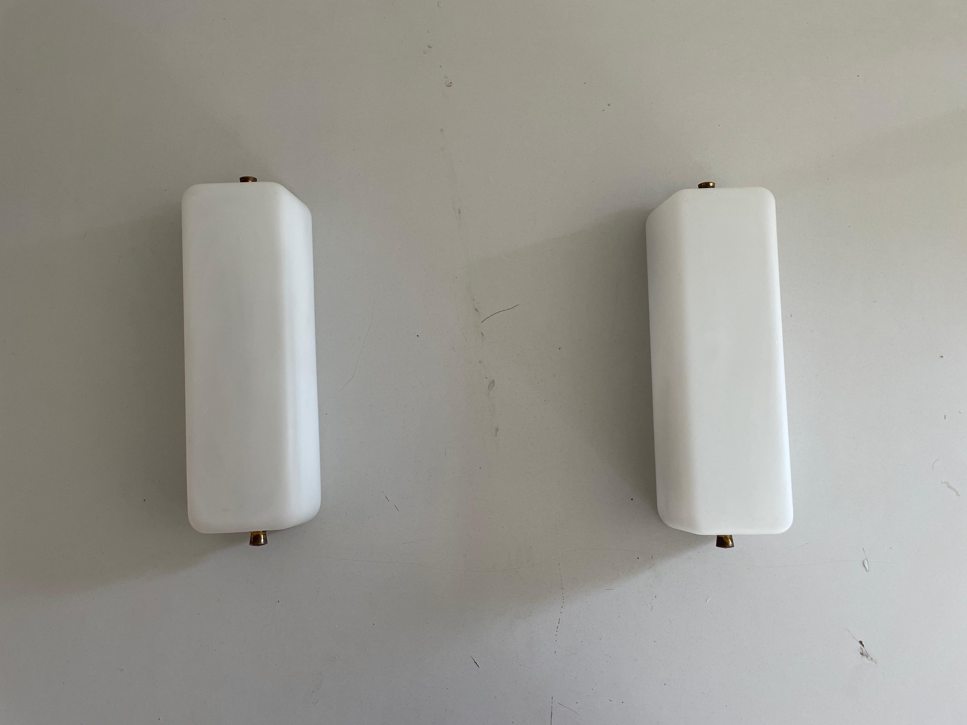 Opal Glass and Brass Base Pair of Wall Sconces by Stilux, 1960s, Italy For Sale