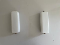 Opal Glass and Brass Base Pair of Wall Sconces by Stilux, 1960s, Italy