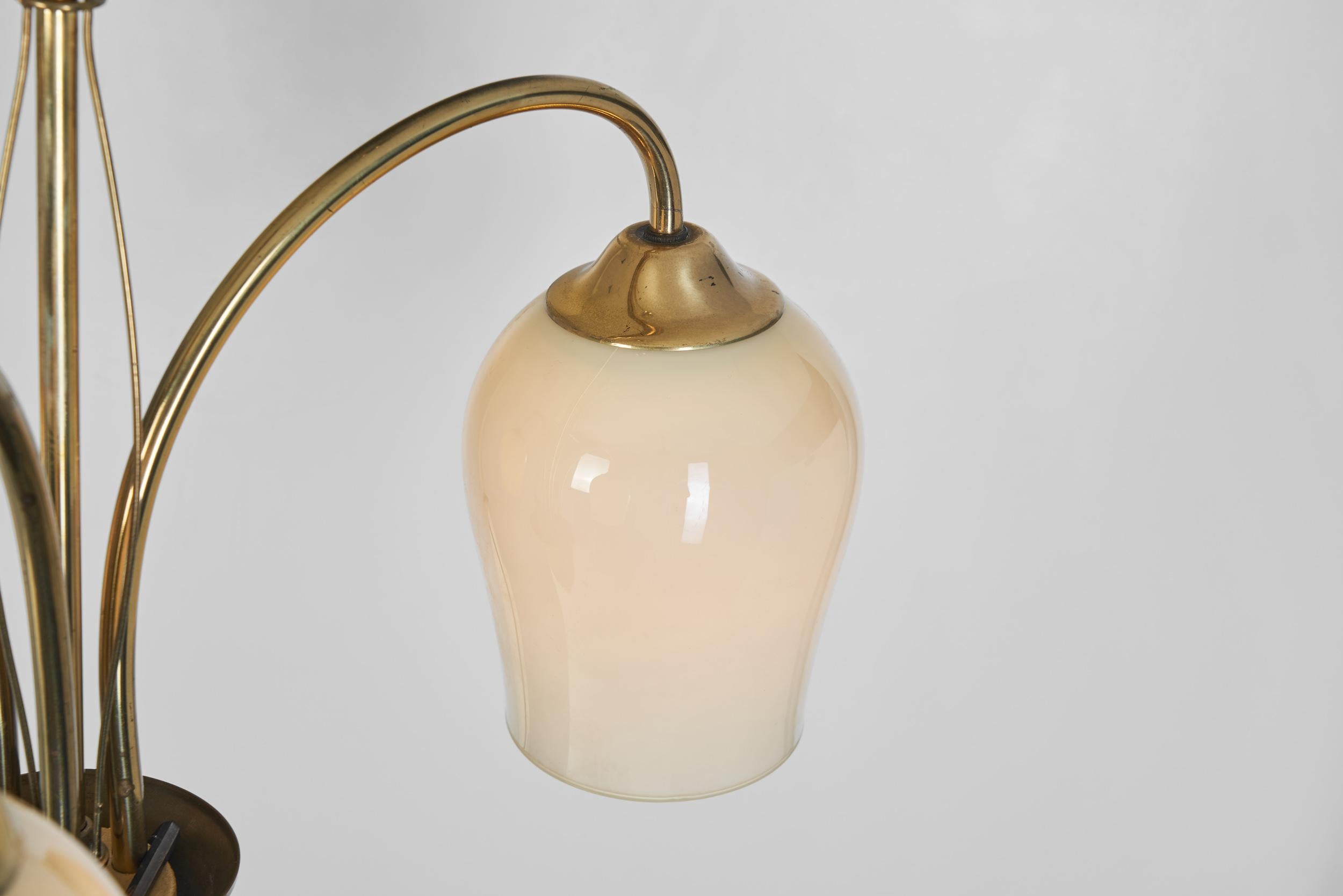 Opal Glass and Brass Chandelier by Itsu, Finland Mid-20th Century For Sale 8