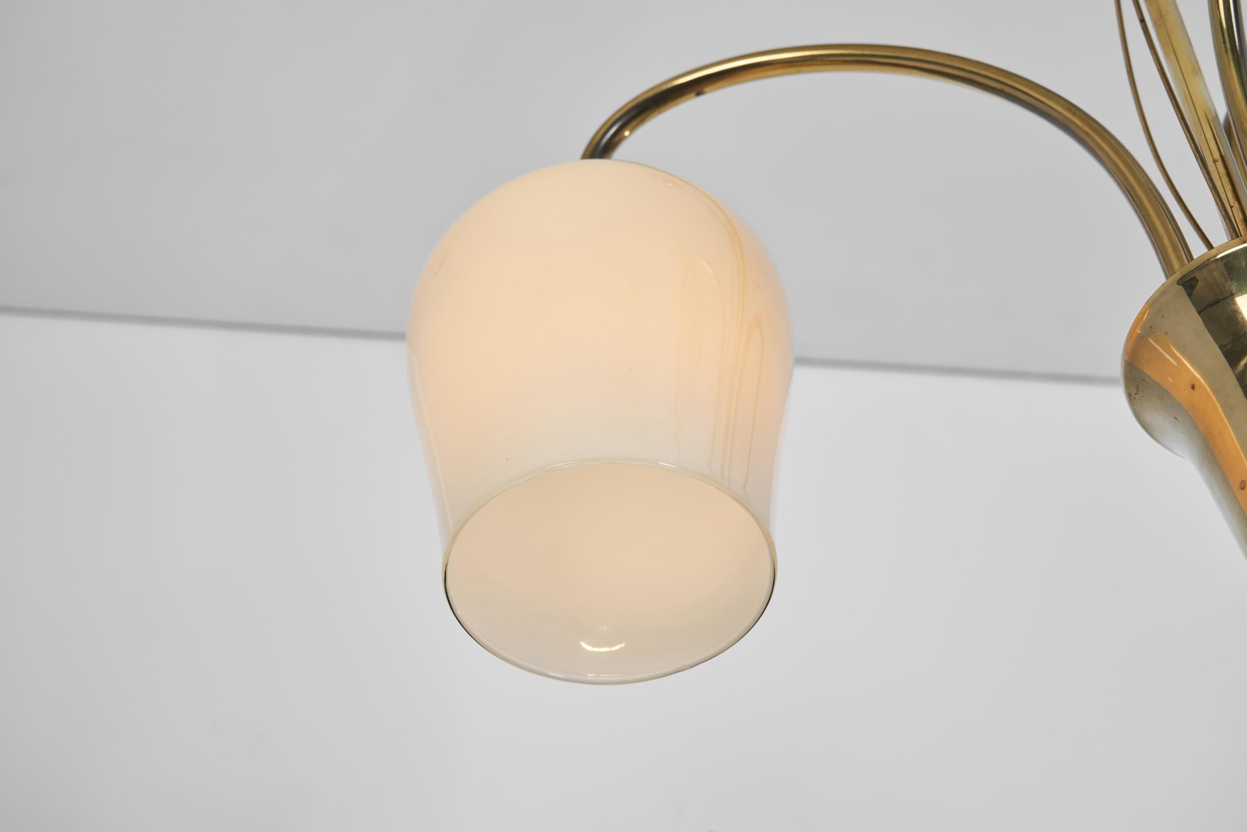 Opal Glass and Brass Chandelier by Itsu, Finland Mid-20th Century For Sale 11