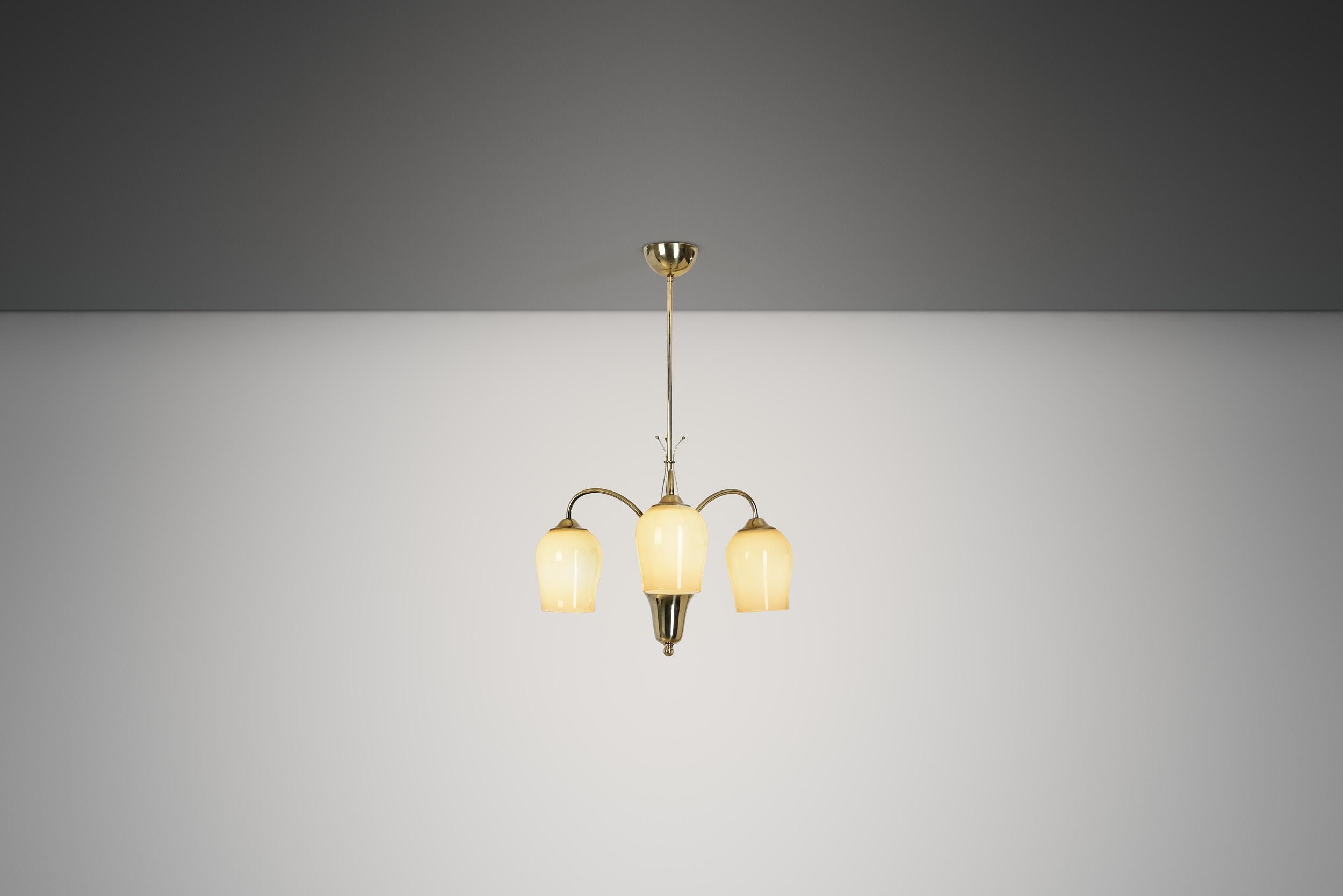 Finnish Opal Glass and Brass Chandelier by Itsu, Finland Mid-20th Century For Sale