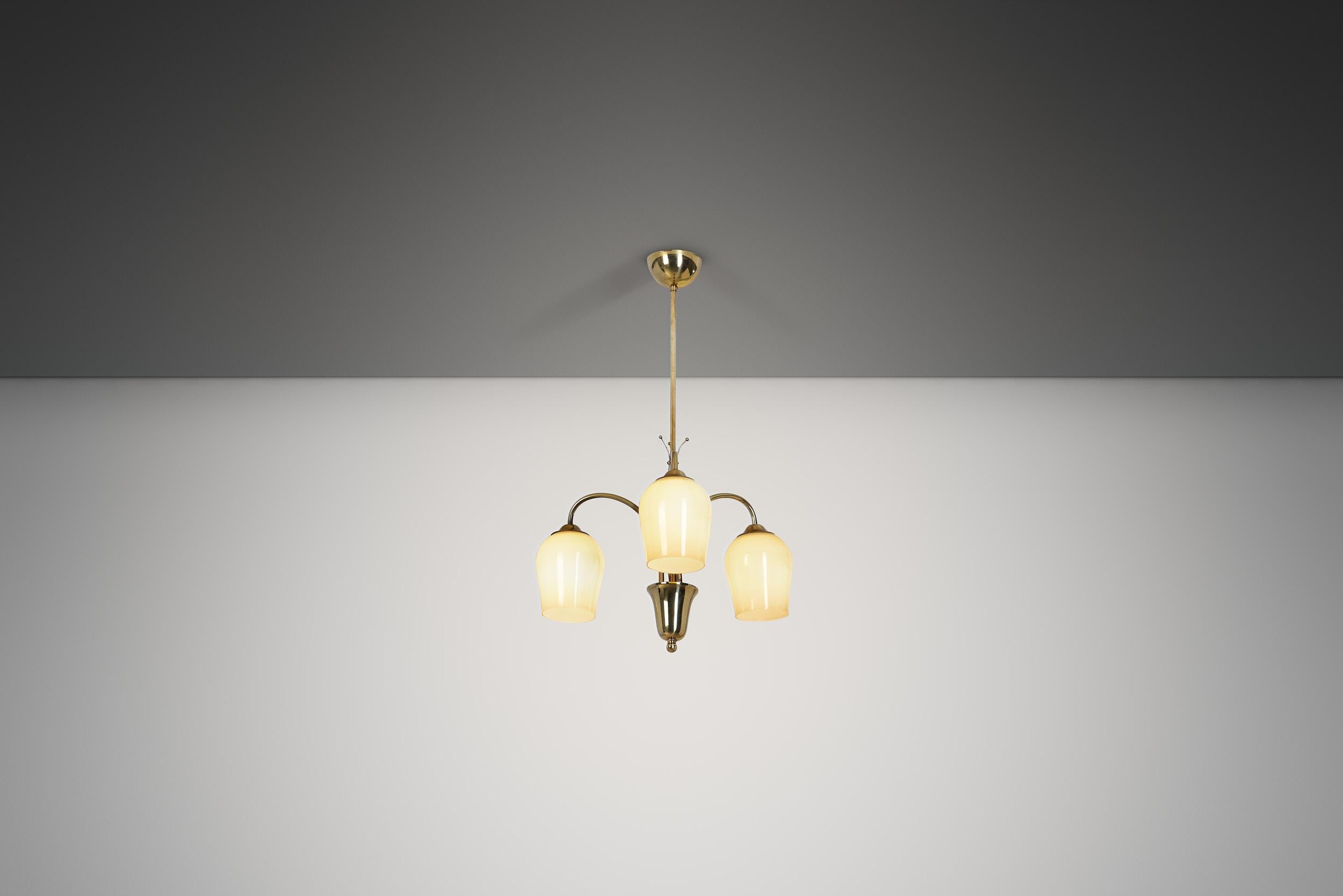 Opal Glass and Brass Chandelier by Itsu, Finland Mid-20th Century For Sale 1