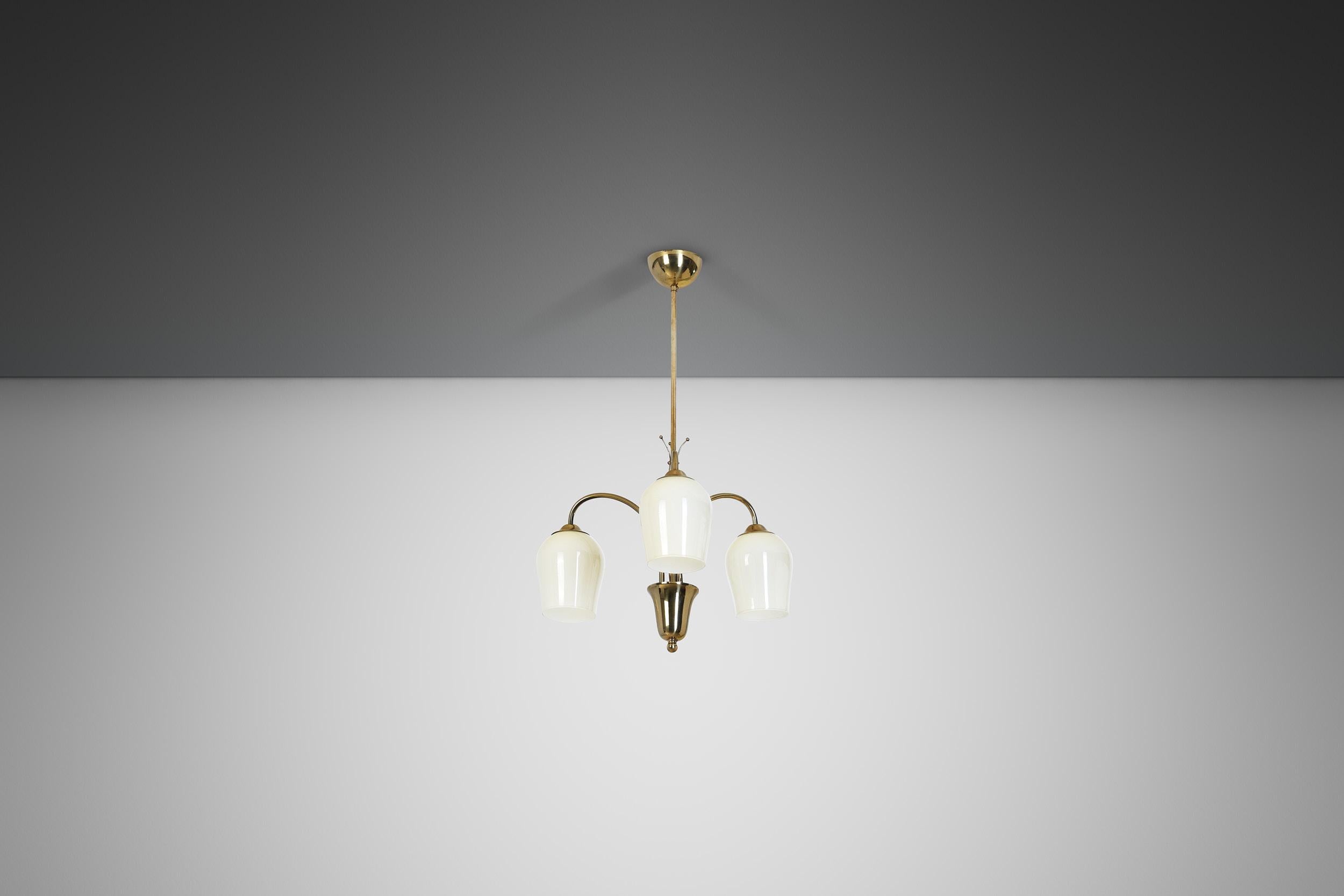 Opal Glass and Brass Chandelier by Itsu, Finland Mid-20th Century For Sale 2