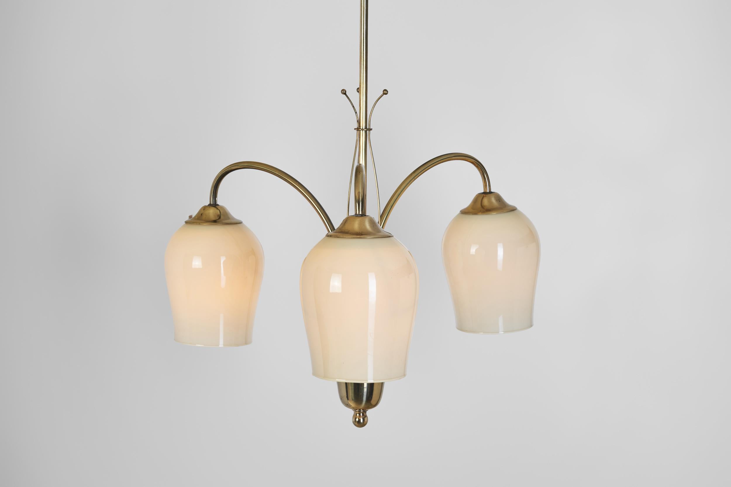 Opal Glass and Brass Chandelier by Itsu, Finland Mid-20th Century For Sale 3