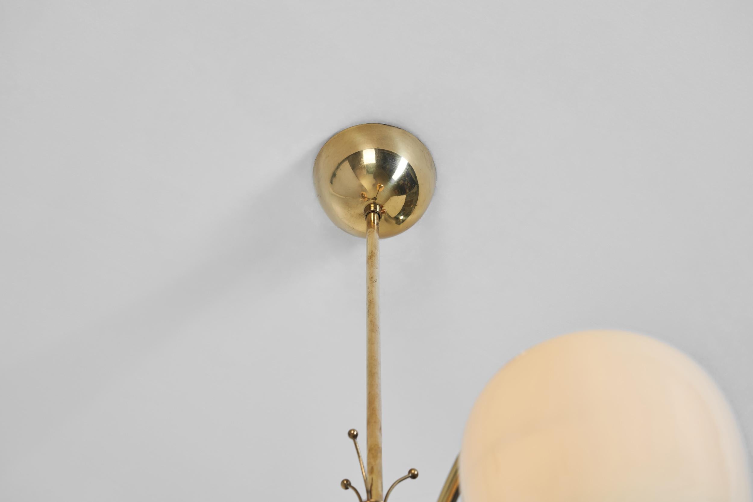 Opal Glass and Brass Chandelier by Itsu, Finland Mid-20th Century For Sale 4