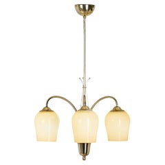 Opal Glass and Brass Chandelier by Itsu, Finland Mid-20th Century