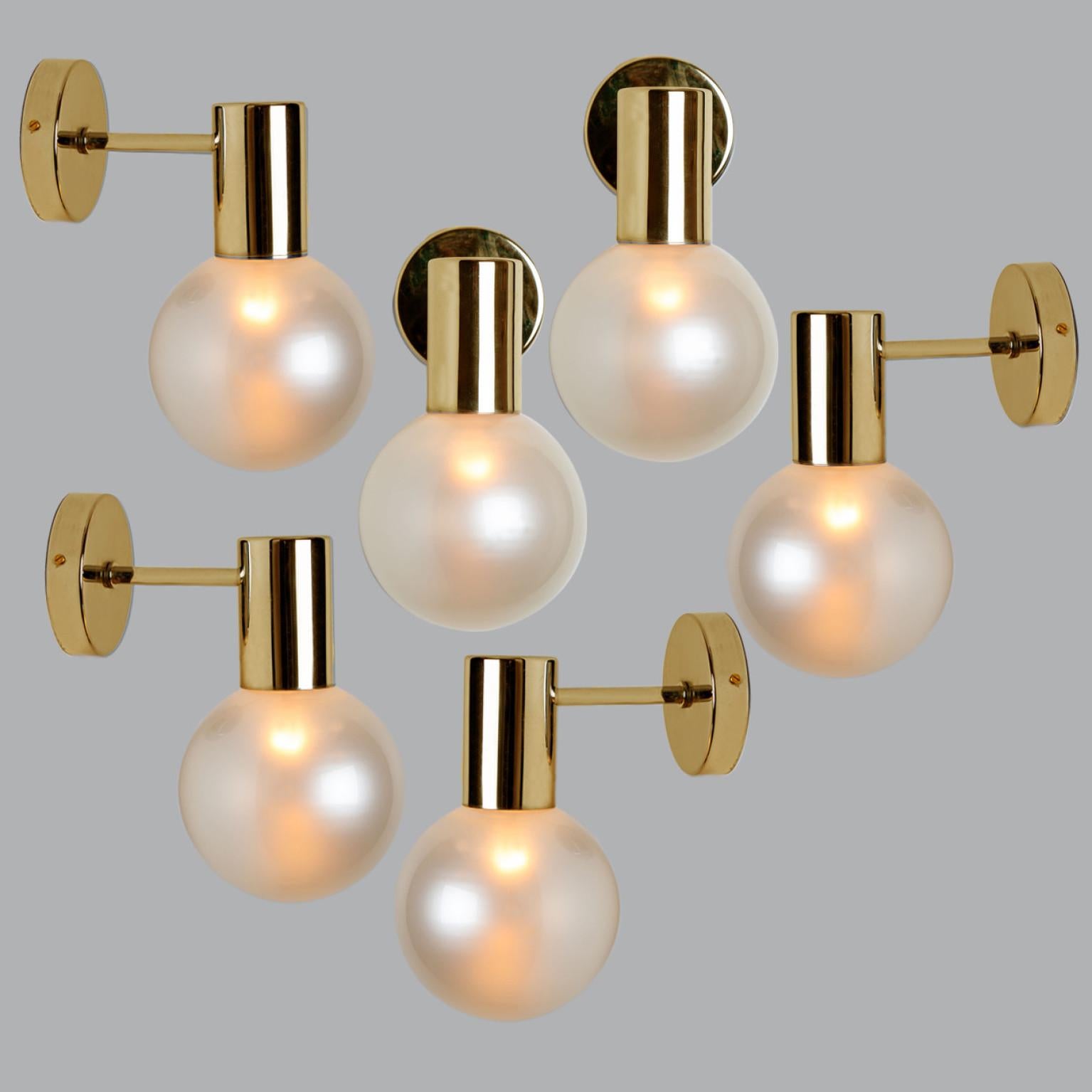 Opal Glass and Brass Wall Lights by Glashütte Limburg, 1970s In Good Condition For Sale In Rijssen, NL