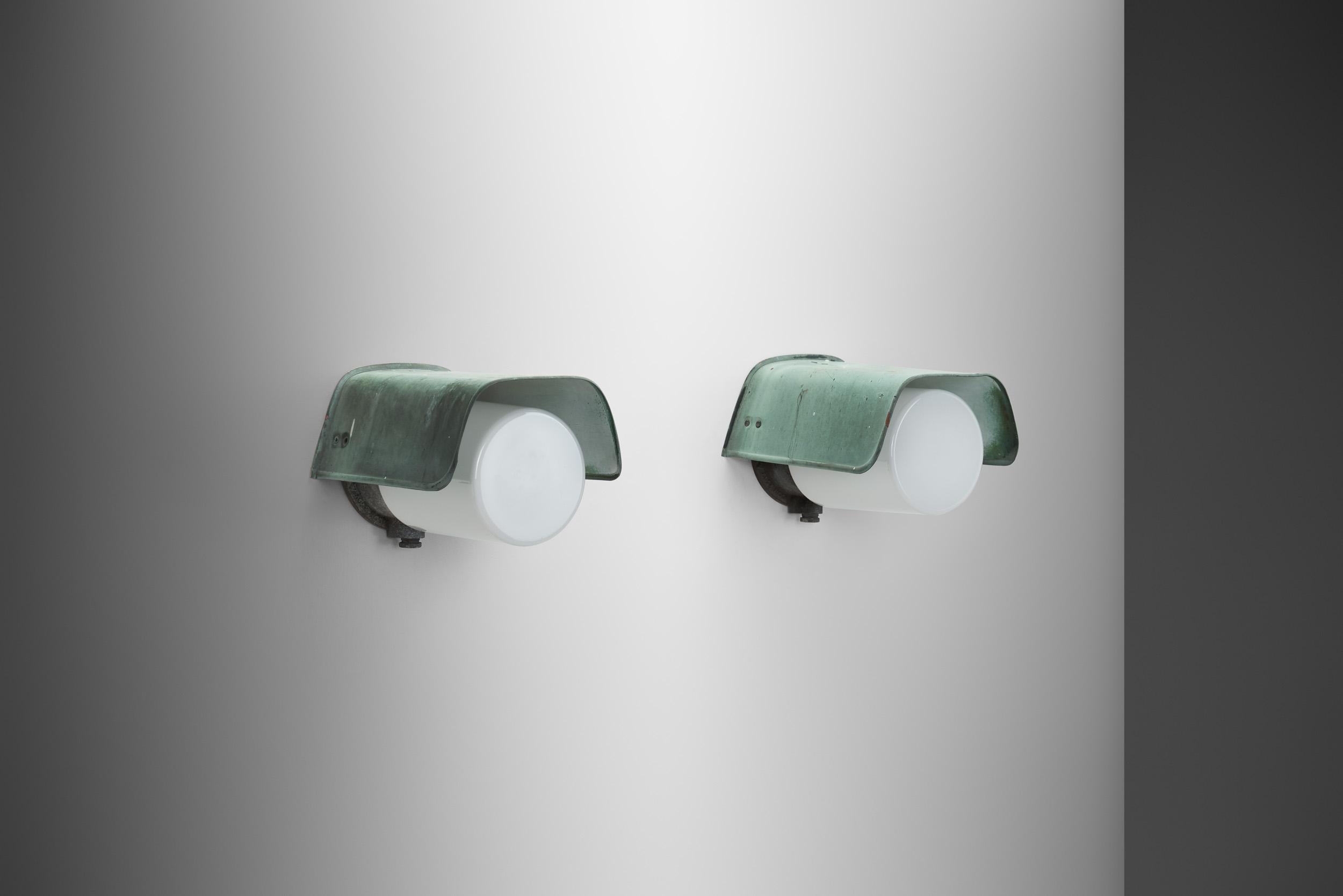 Mid-Century Modern Opal Glass and Copper Wall Lamps for Sähköliikkeiden Oy, Finland ca 1930s For Sale