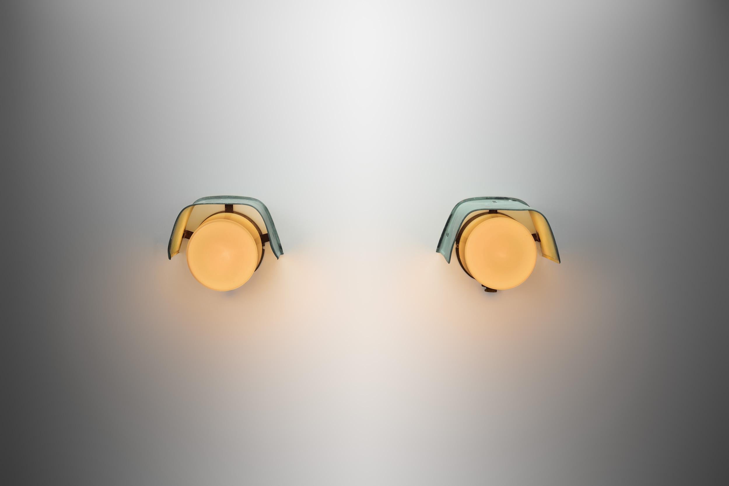 Finnish Opal Glass and Copper Wall Lamps for Sähköliikkeiden Oy, Finland ca 1930s For Sale
