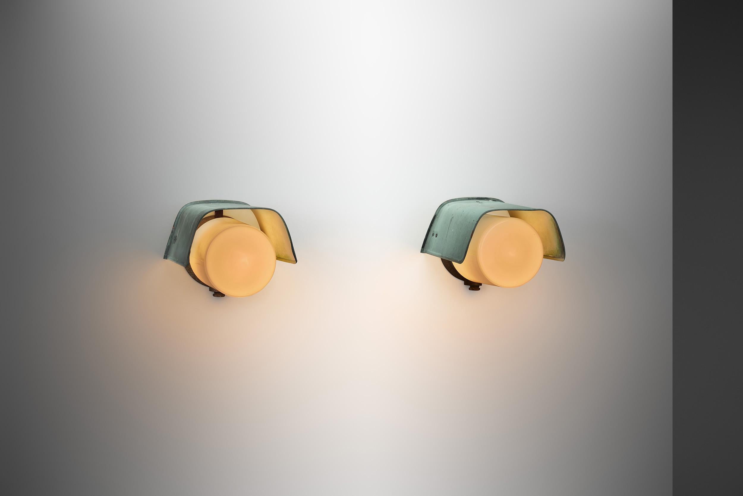 Mid-20th Century Opal Glass and Copper Wall Lamps for Sähköliikkeiden Oy, Finland ca 1930s For Sale