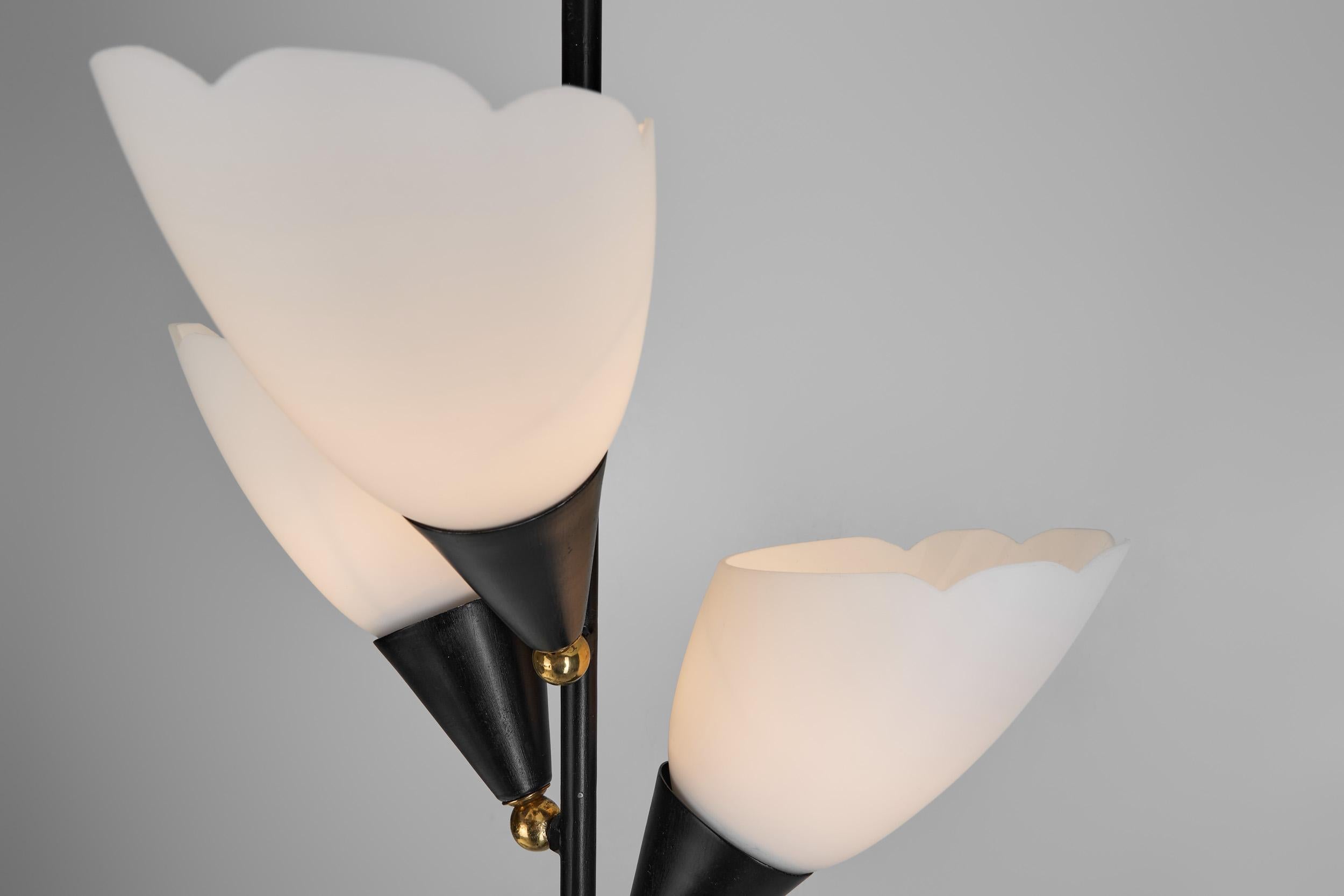 Opal Glass and Lacquered Metal Chandelier with Brass Details, Europe 1950s For Sale 5
