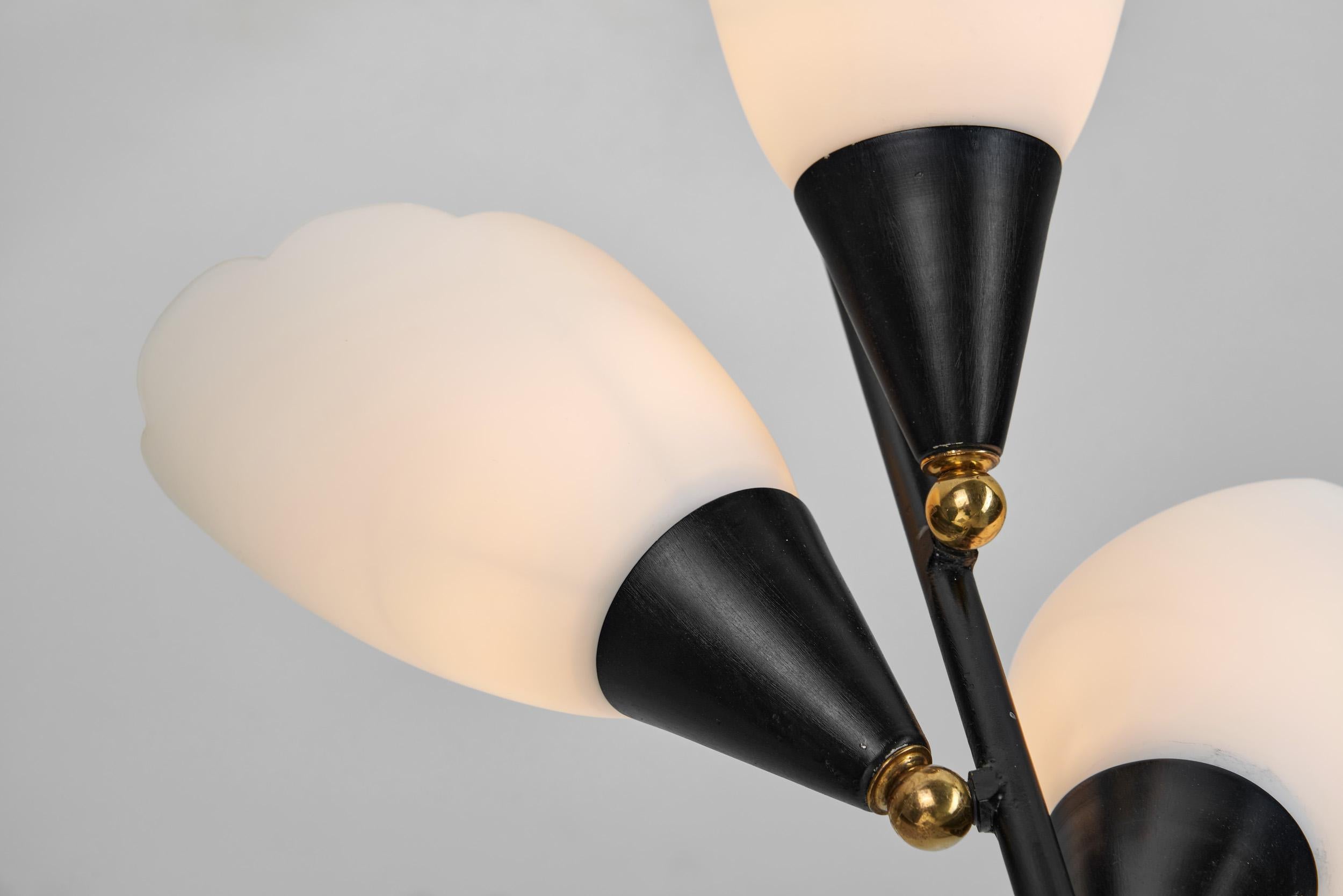 Opal Glass and Lacquered Metal Chandelier with Brass Details, Europe 1950s For Sale 10