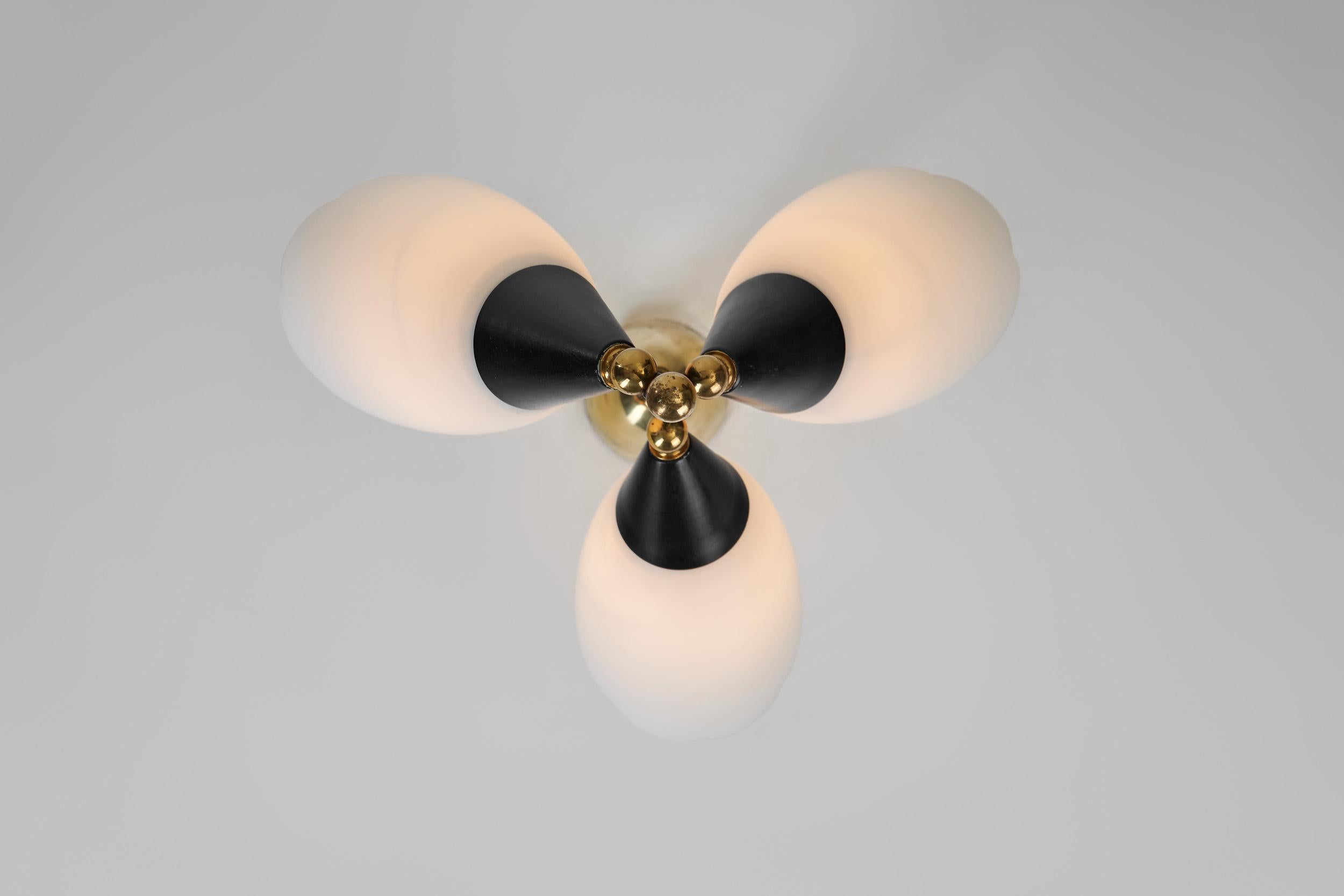 Opal Glass and Lacquered Metal Chandelier with Brass Details, Europe 1950s For Sale 13