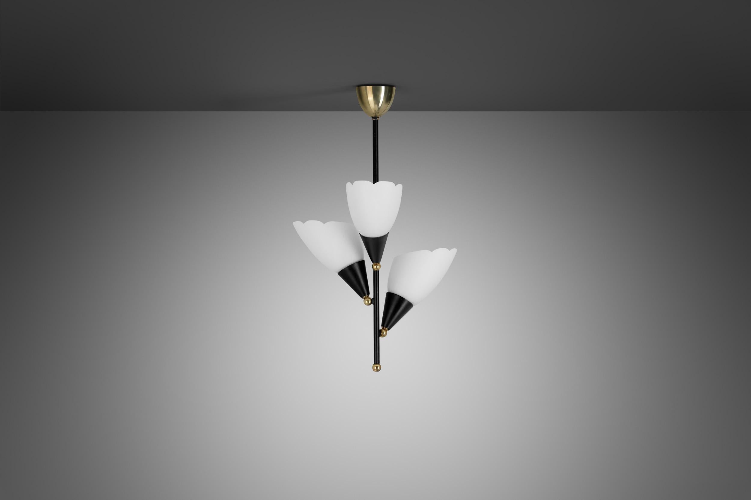 Mid-Century Modern Opal Glass and Lacquered Metal Chandelier with Brass Details, Europe 1950s For Sale