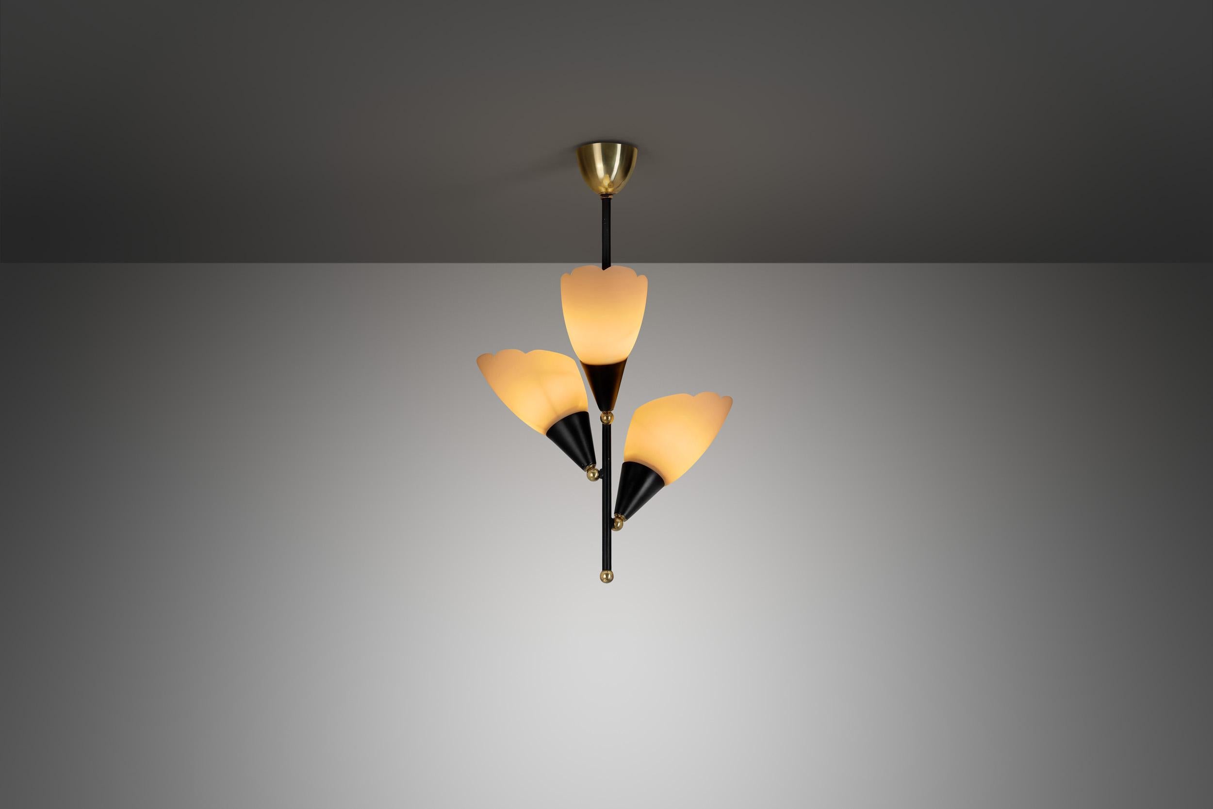 European Opal Glass and Lacquered Metal Chandelier with Brass Details, Europe 1950s For Sale